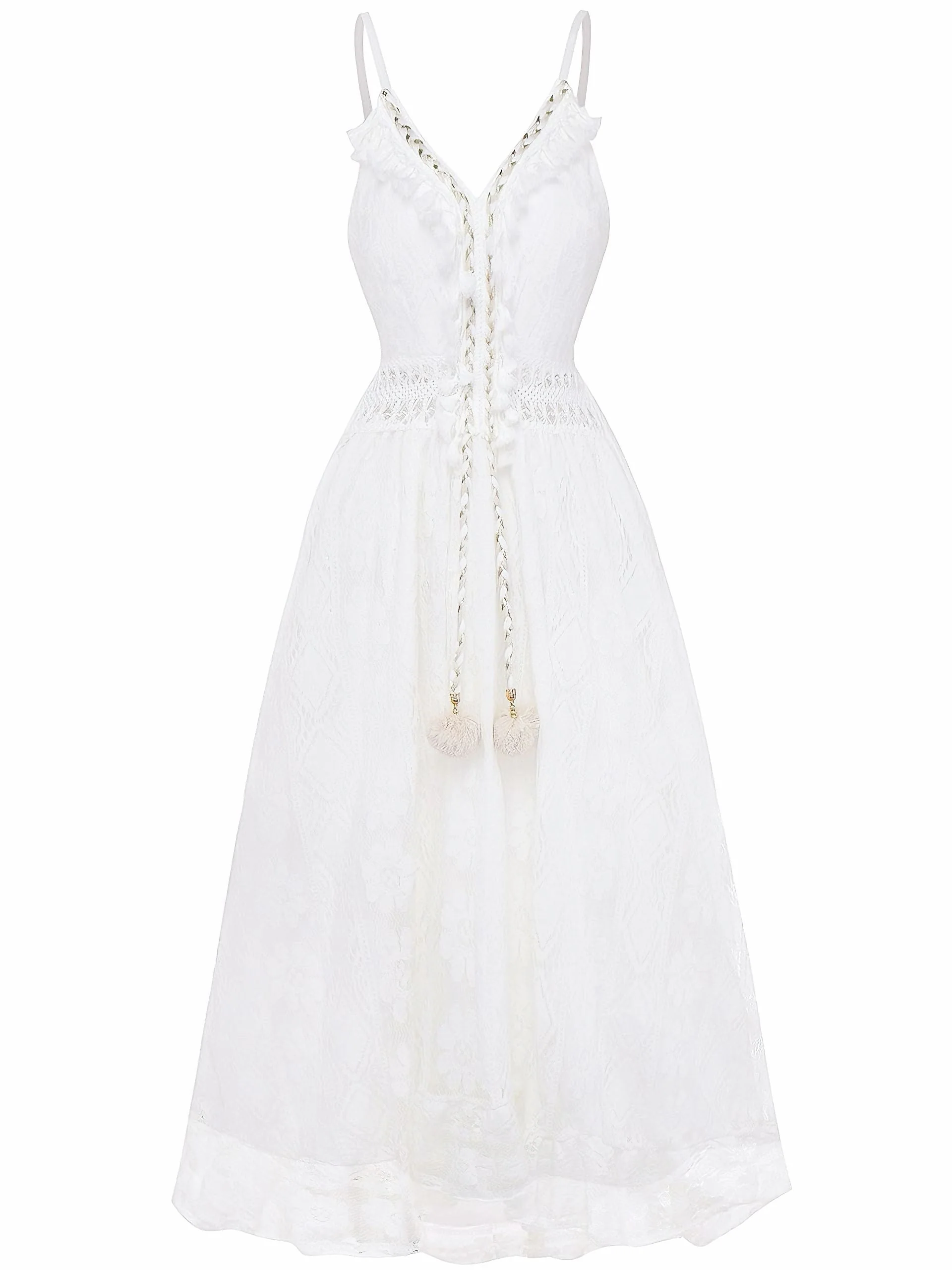 Robe longue bohème blanche en dentelle à col en V années 1970 - Image 2