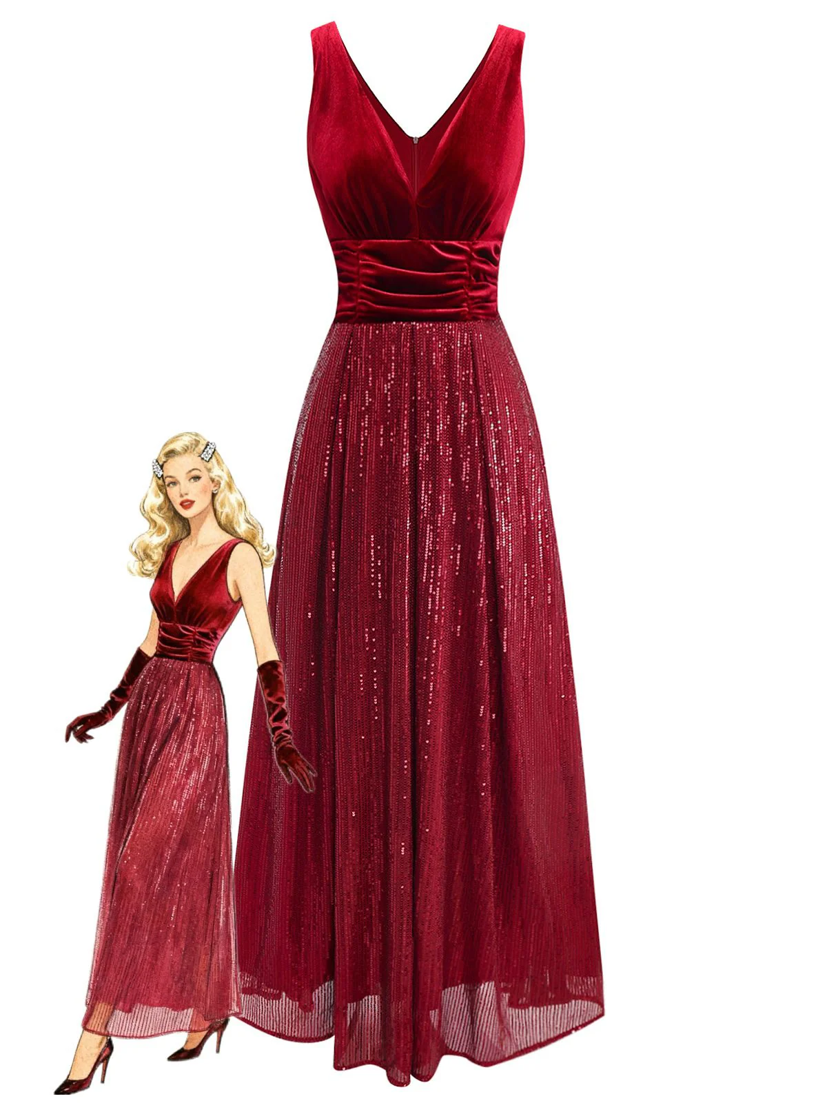 Robe longue bordeaux en velours à sequins col en V style années 1950