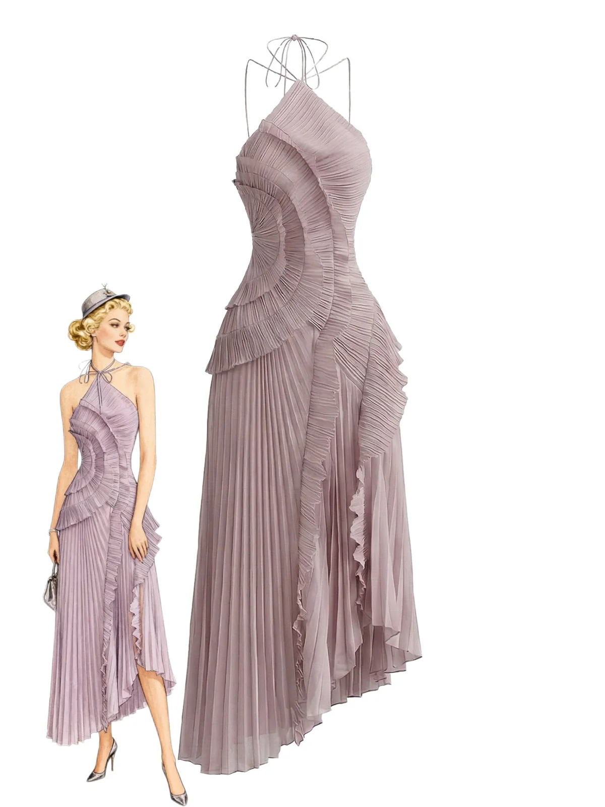 Robe Longue Col Bando Volants Plissés Fente Années 30 - Image 4