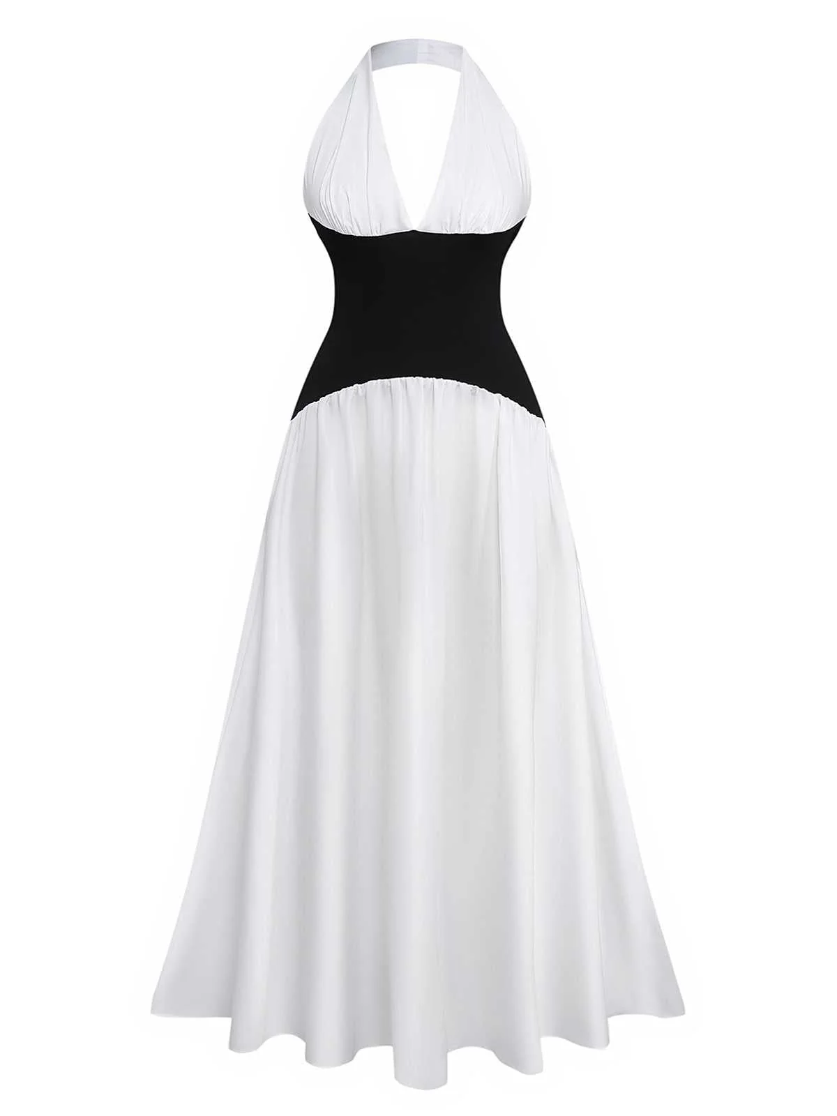 Robe longue col V profond et dos nu des années 1970