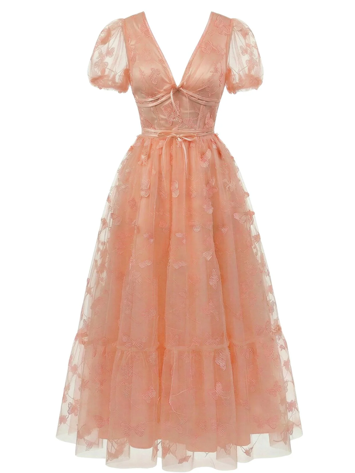 Robe longue en filet brodé floral à papillons années 30