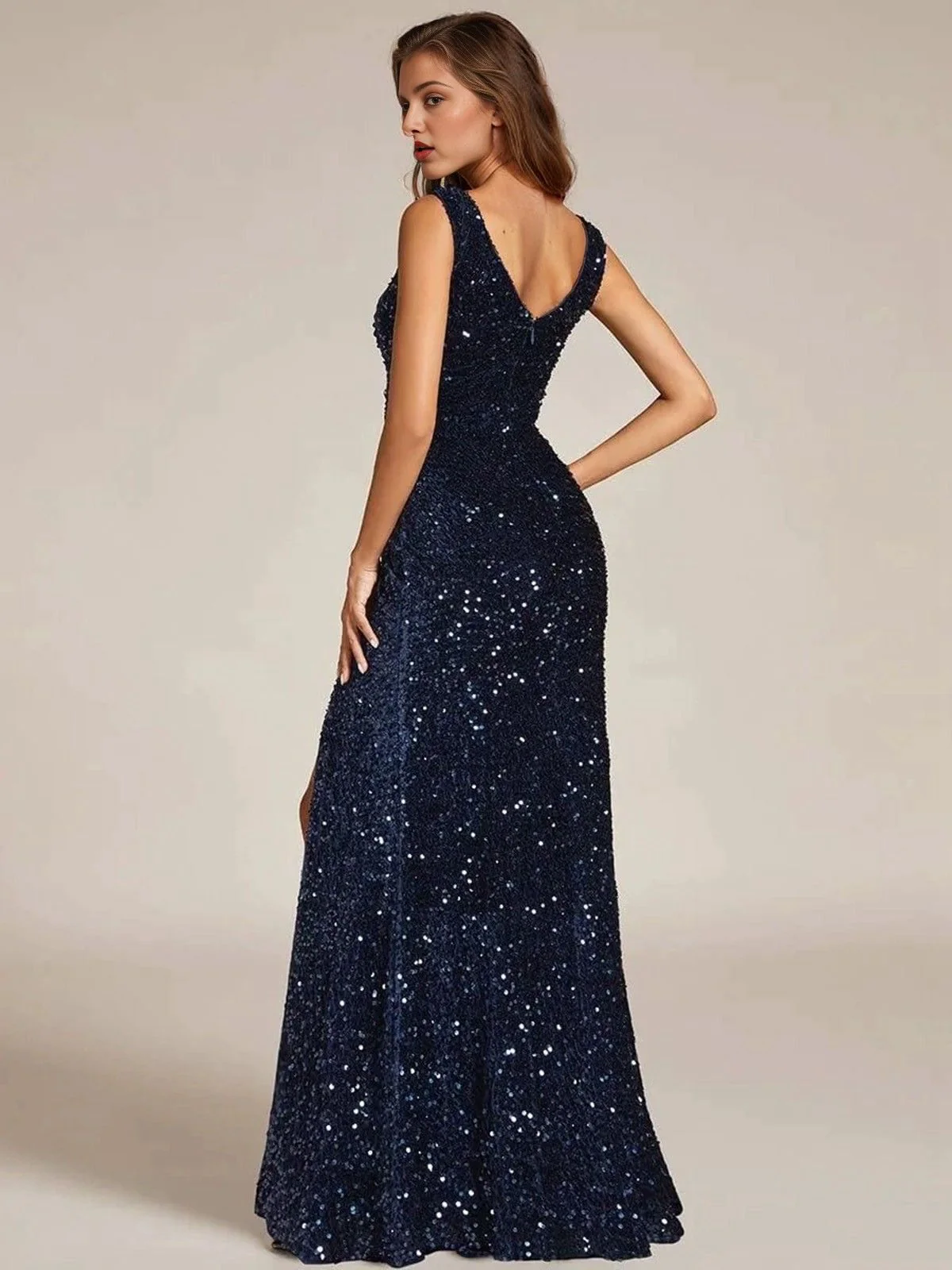 Robe longue fendue en velours bleu à sequins des années 1920 - Image 3
