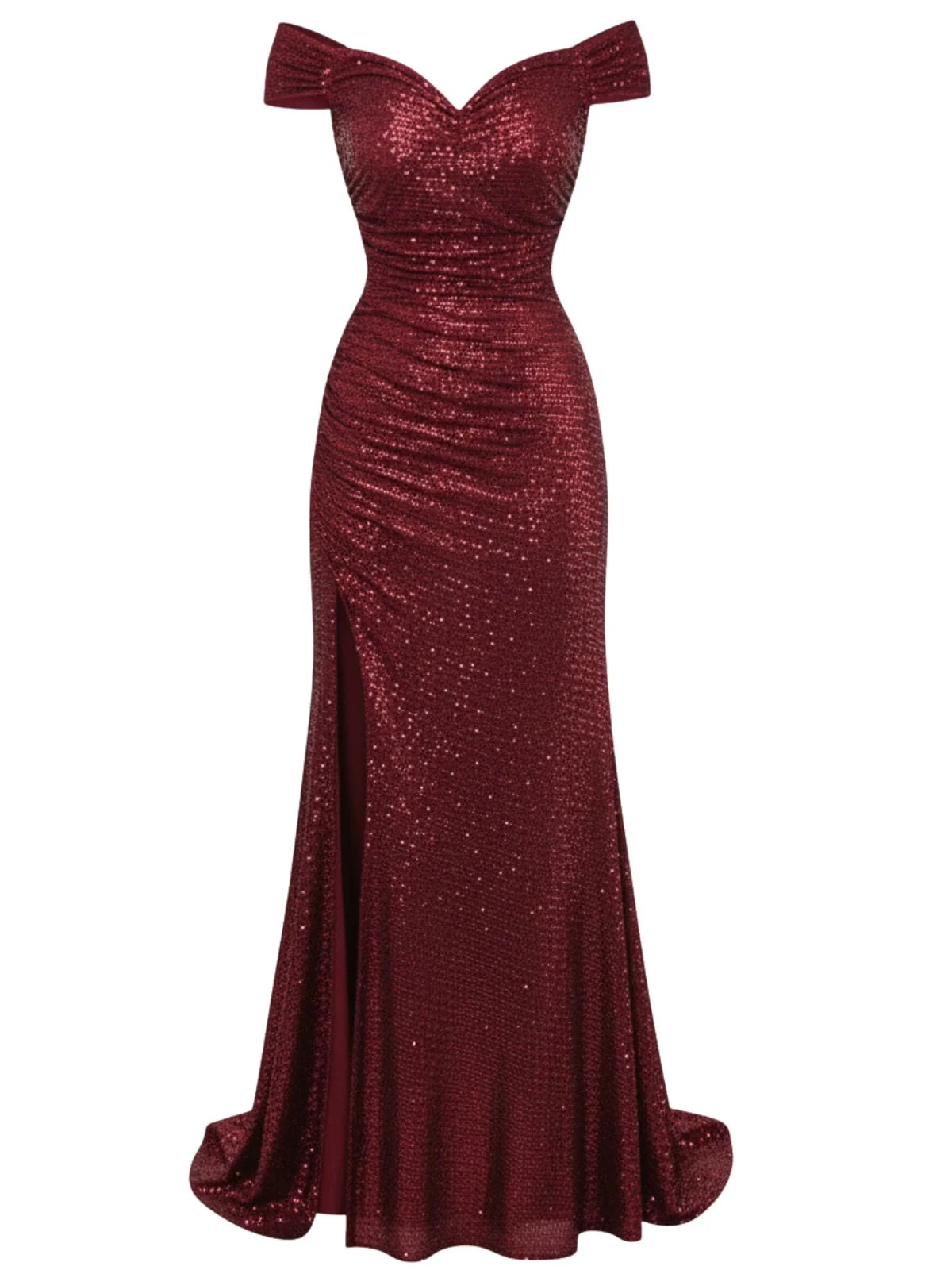 Robe longue fendue paillettes et épaules dénudées rouge années 1930
