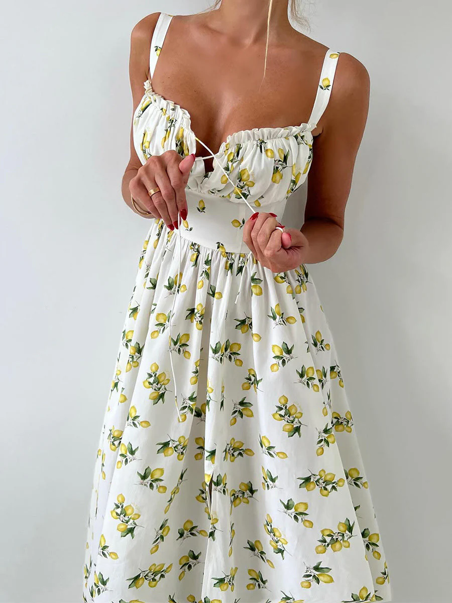 Robe Longue Imprimé Citron Fente Latérale Années 1950 - Image 4