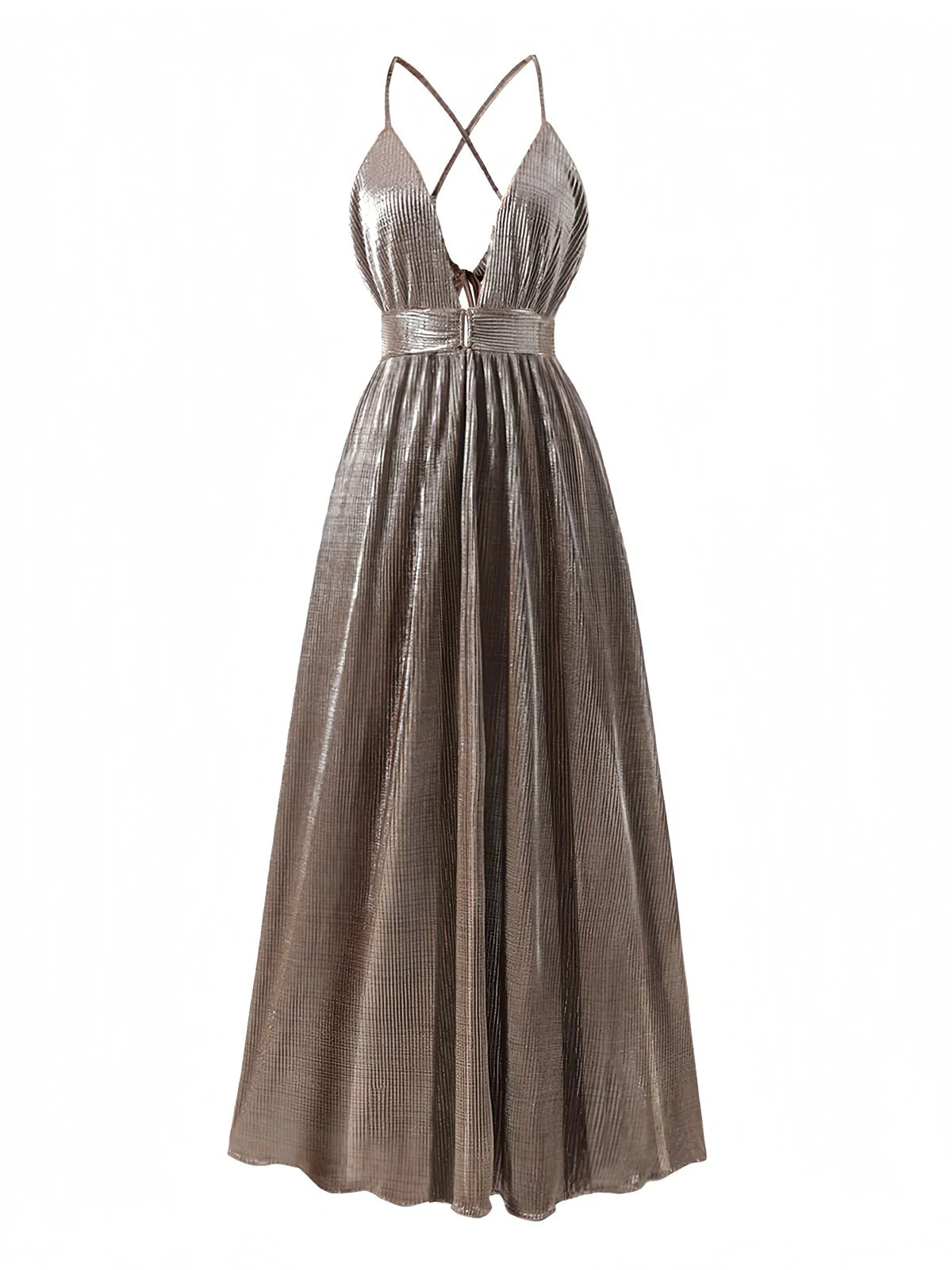 Robe longue marron décolleté plongeant et découpes métallisées années 1930 - Image 2