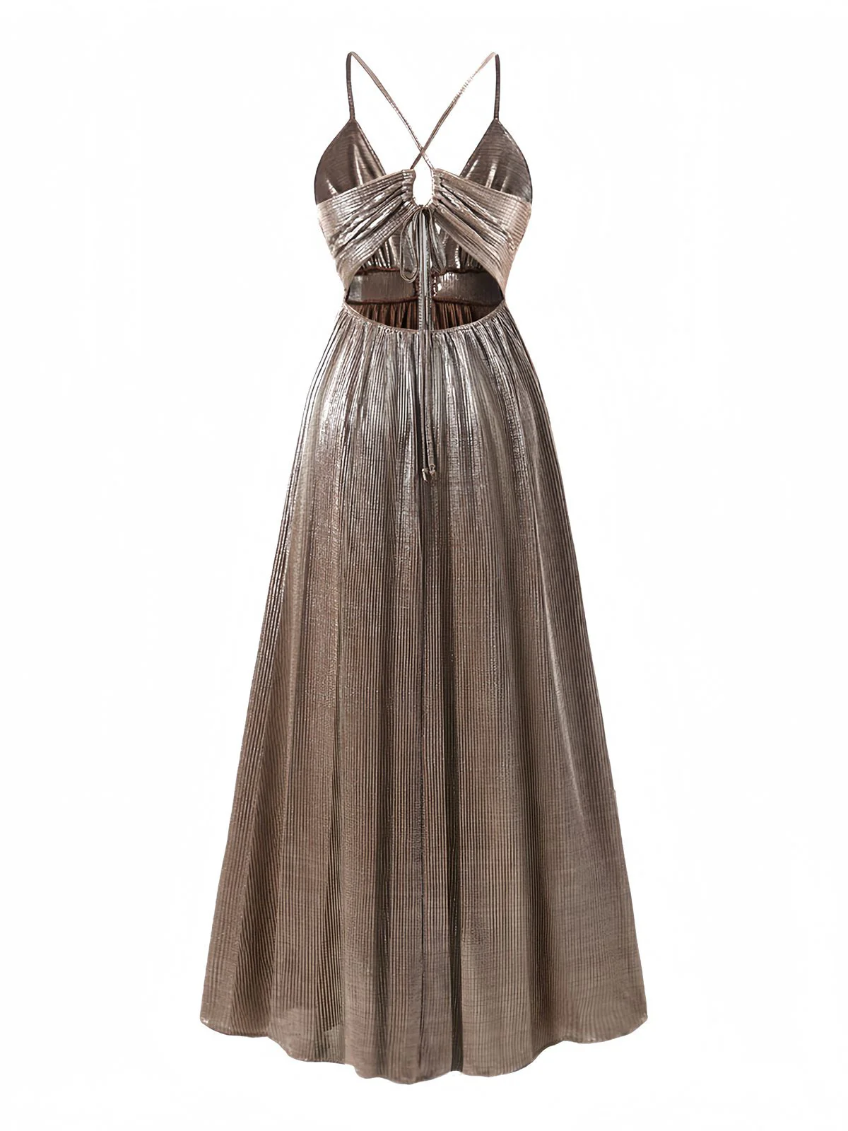 Robe longue marron décolleté plongeant et découpes métallisées années 1930 - Image 3