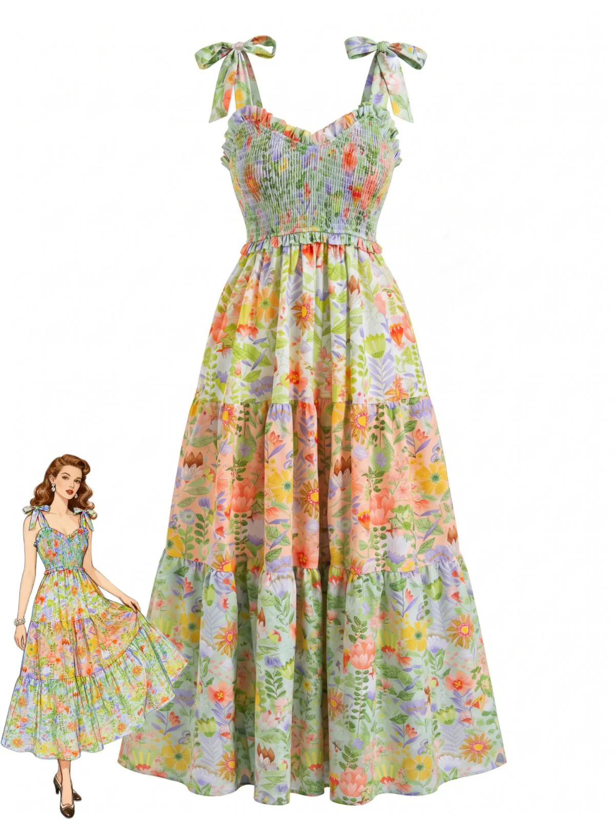Robe longue motifs floraux smocks et bretelles nouer années 1930
