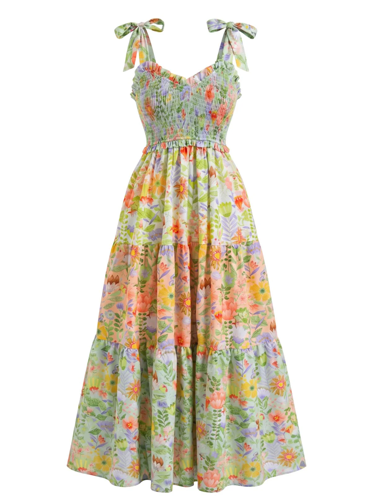 Robe longue motifs floraux smocks et bretelles nouer années 1930 - Image 2