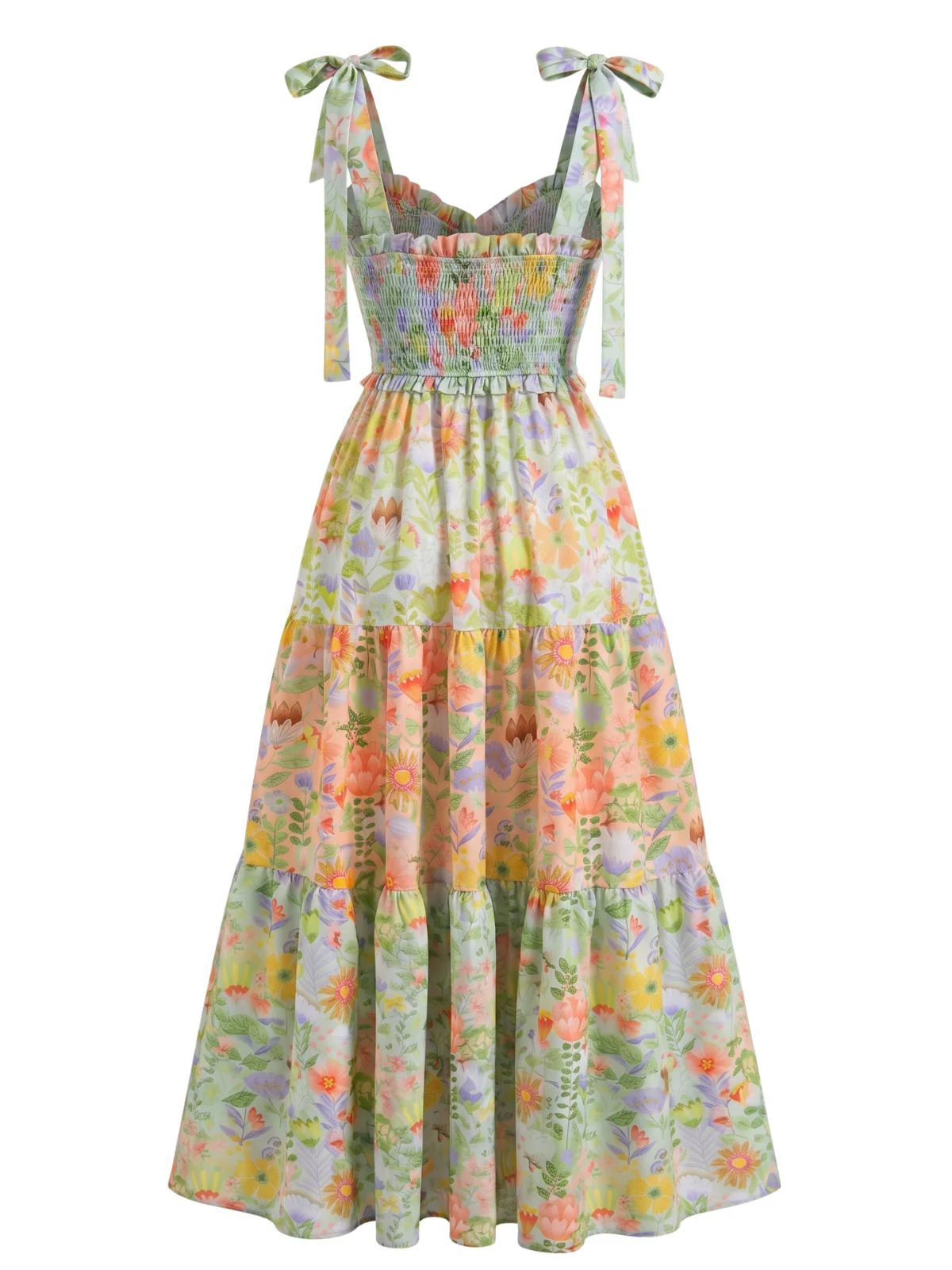 Robe longue motifs floraux smocks et bretelles nouer années 1930 - Image 3