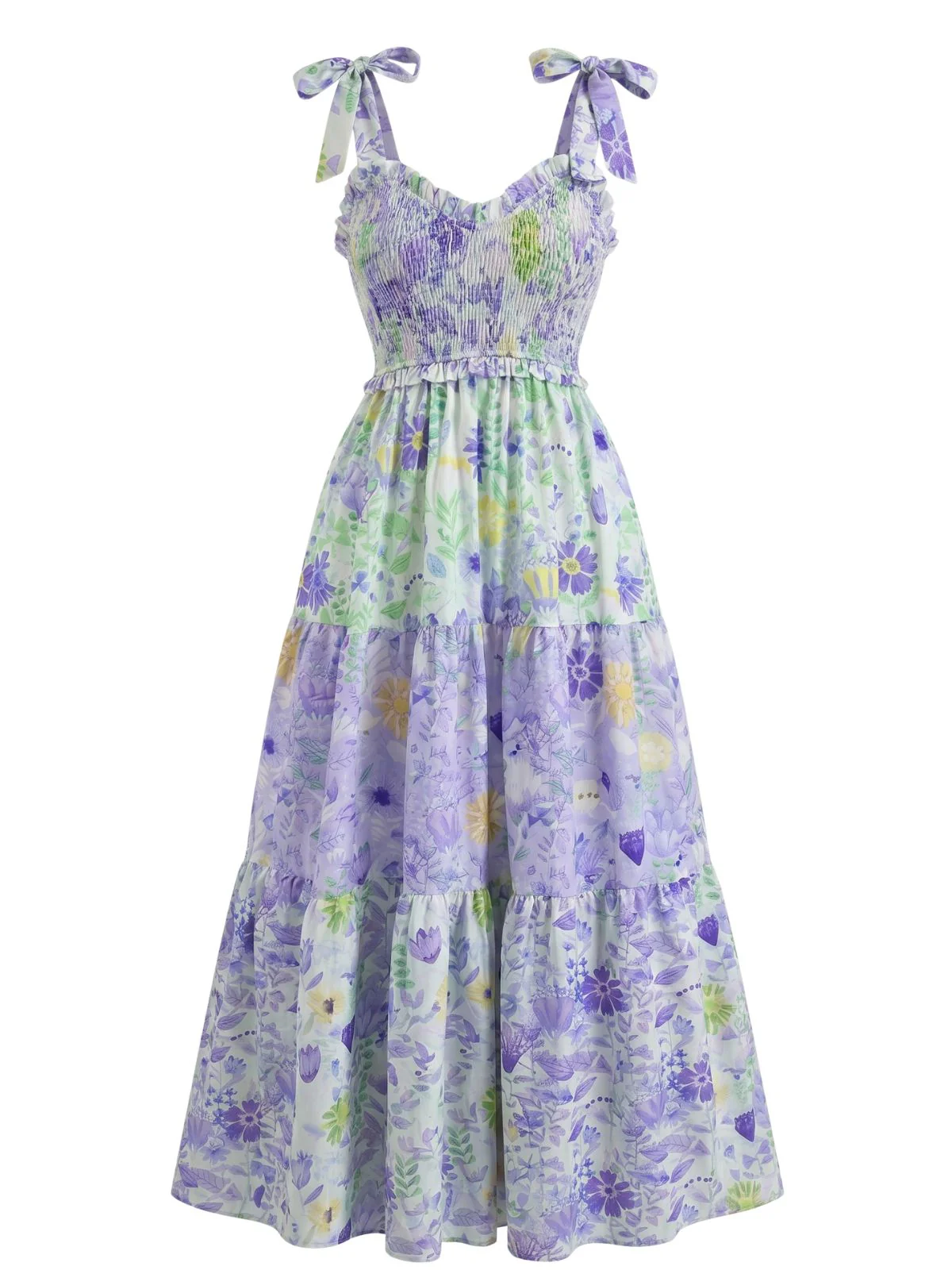 Robe longue motifs floraux smocks et bretelles nouer années 1930 - Image 7