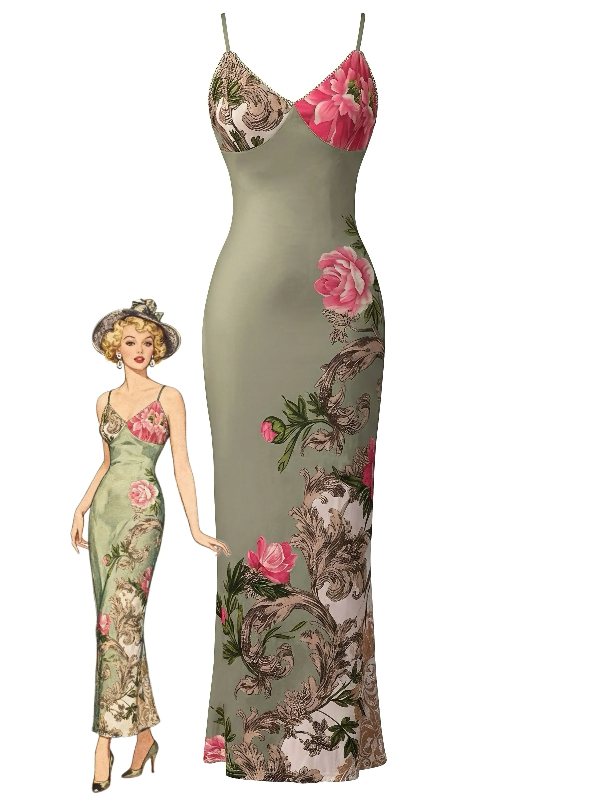 Robe longue moulante verte à fines bretelles et imprimé floral années 1930