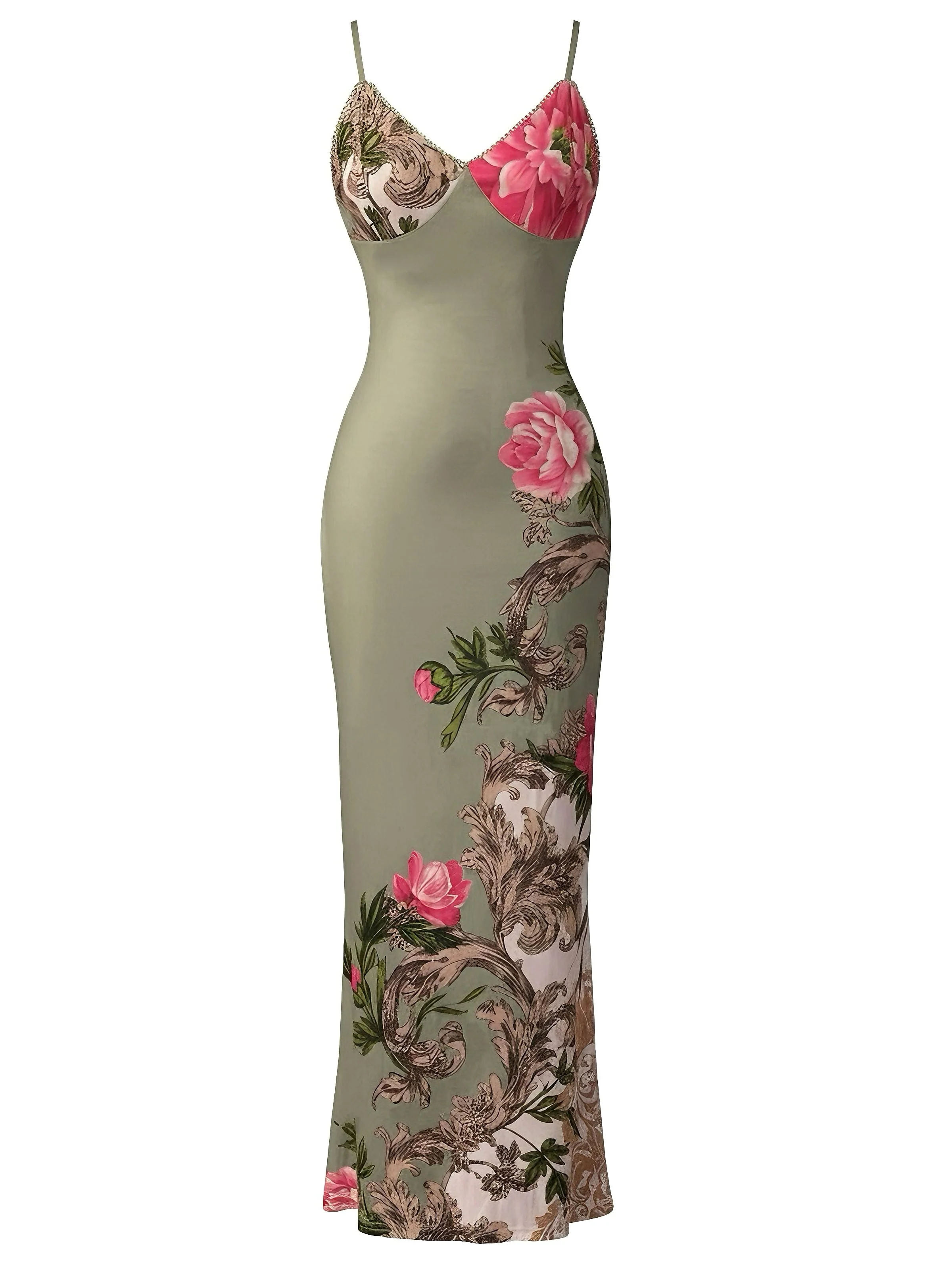 Robe longue moulante verte à fines bretelles et imprimé floral années 1930 - Image 2