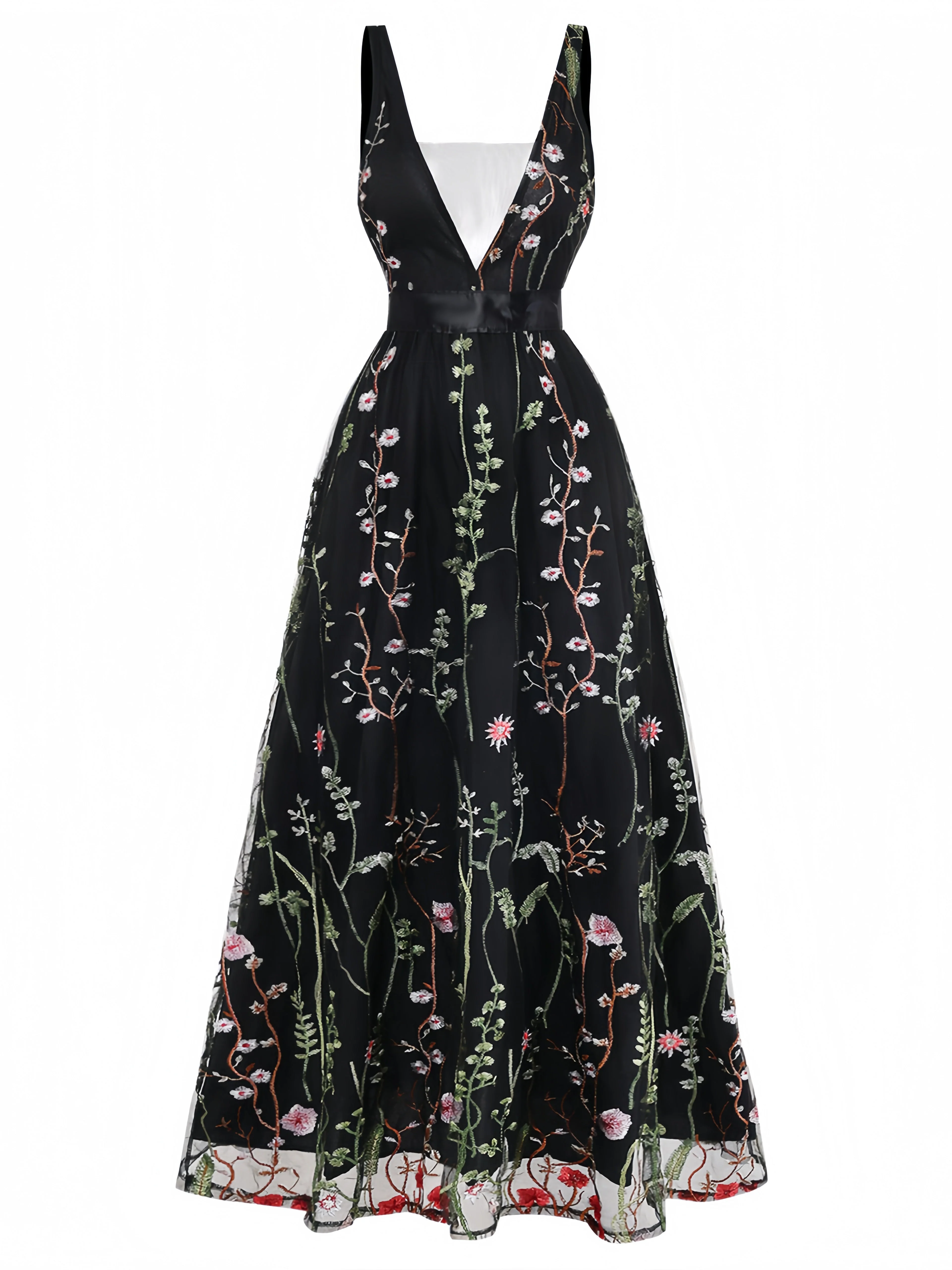 Robe longue noire tulle brodé motifs floraux décolleté V années 1930 - Image 2