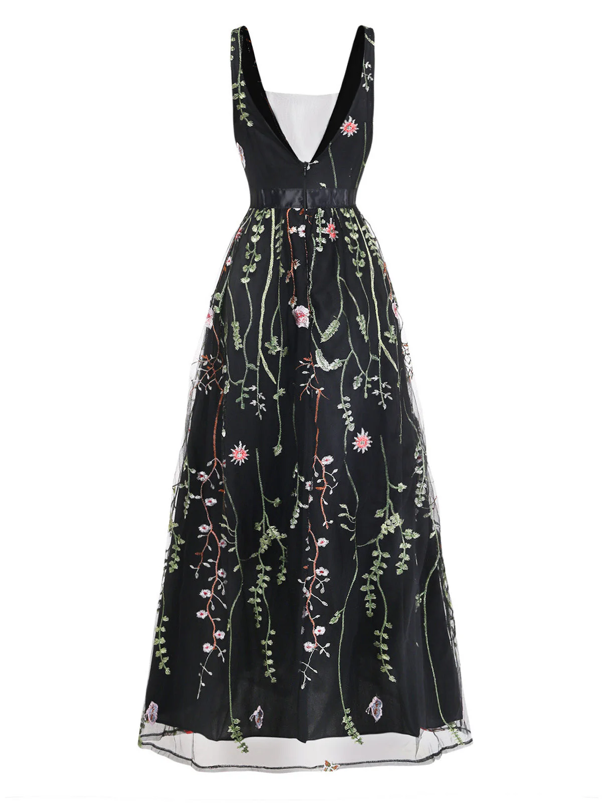Robe longue noire tulle brodé motifs floraux décolleté V années 1930 - Image 3
