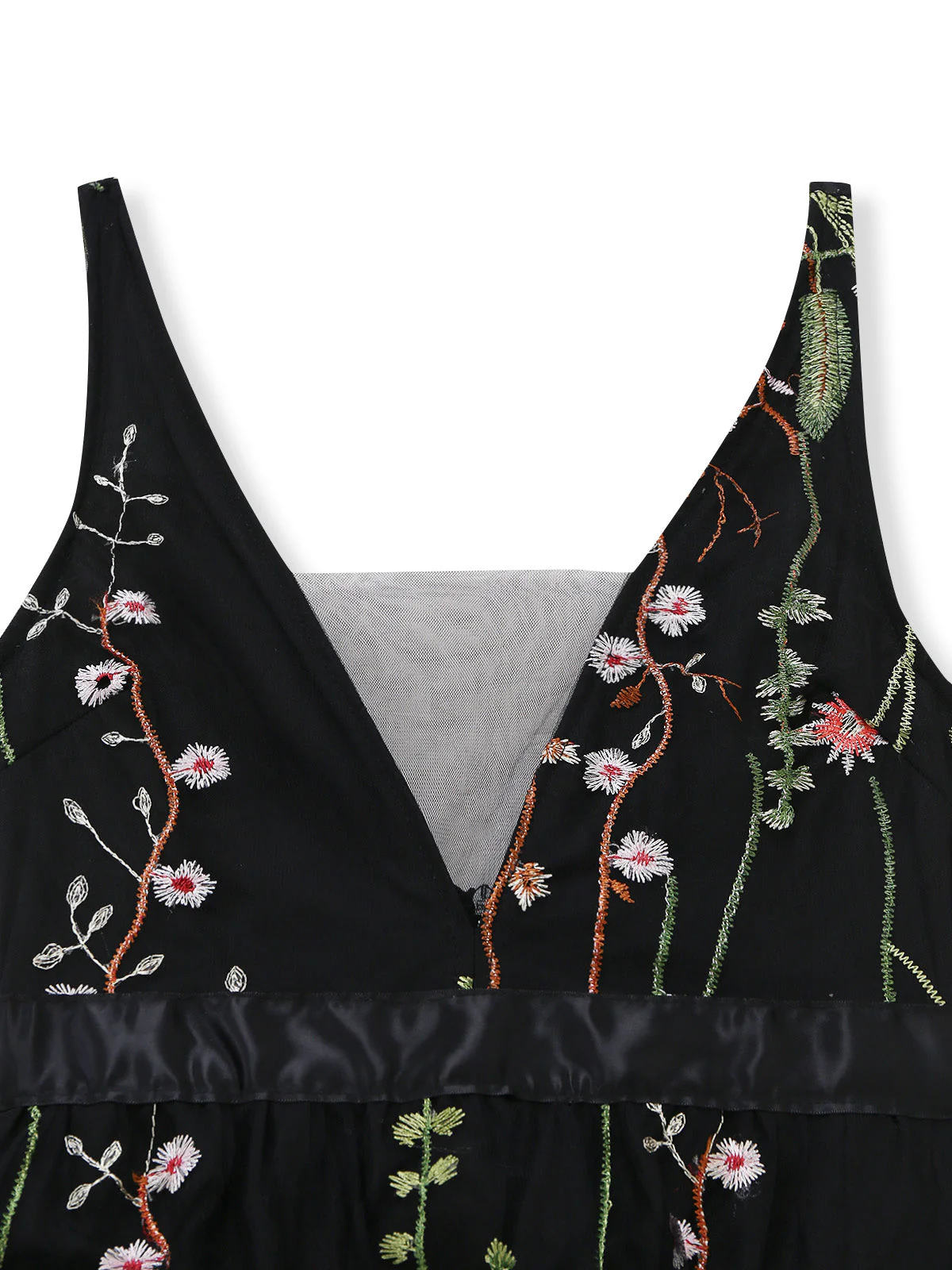 Robe longue noire tulle brodé motifs floraux décolleté V années 1930 - Image 4