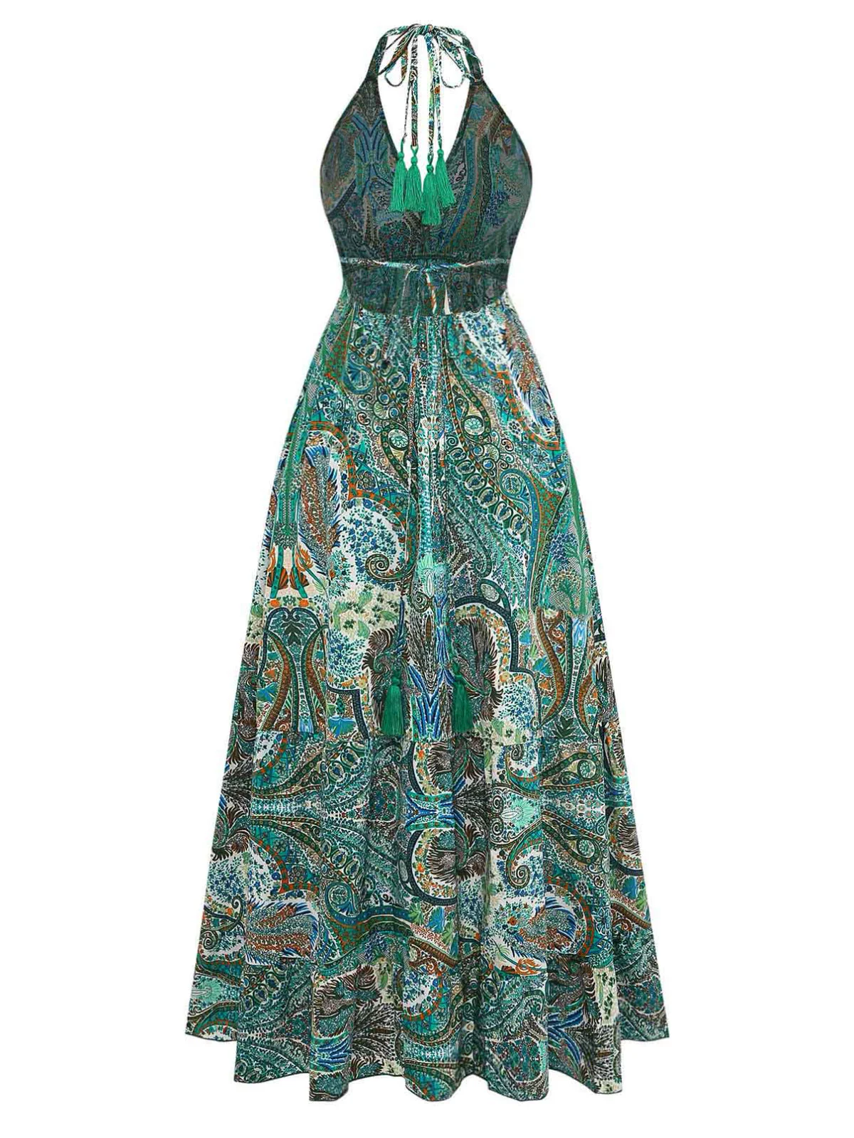 Robe Longue Paisley Dos Nu Verte Bohème Années 1970 - Image 3