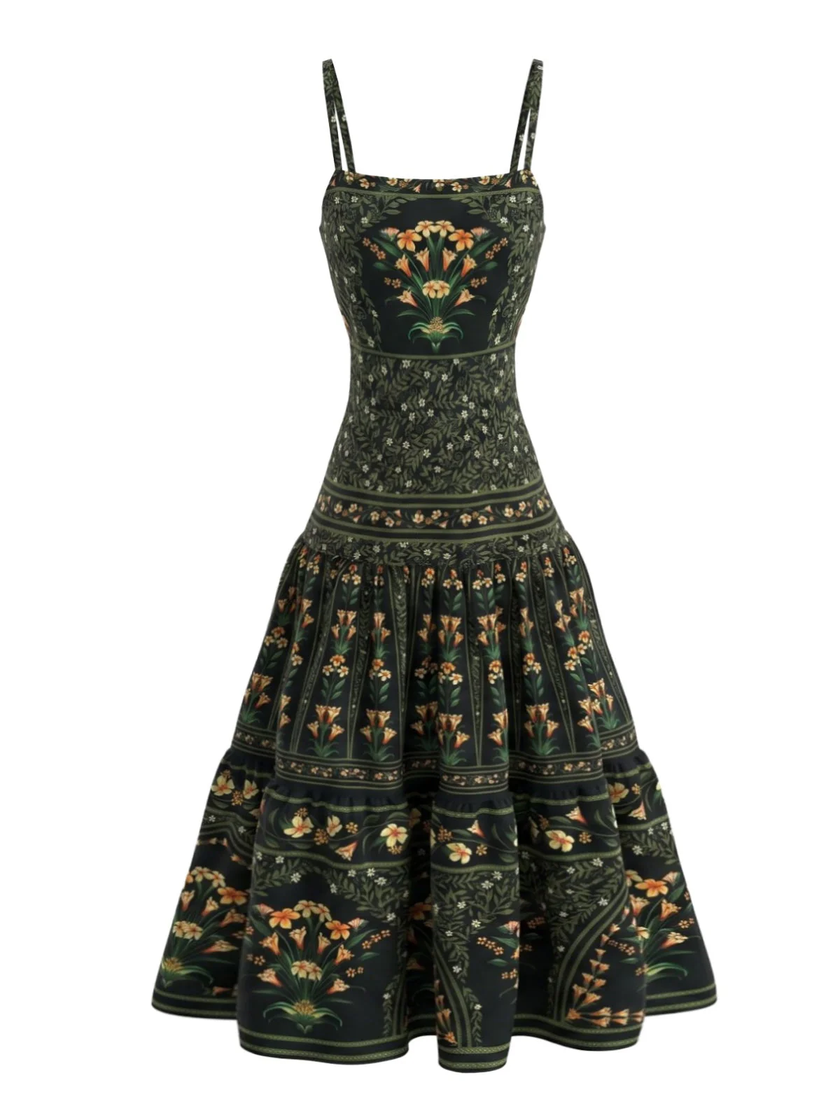 Robe longue plusieurs niveaux bretelles spaghetti et fleurs vert foncé années 1970 - Image 2