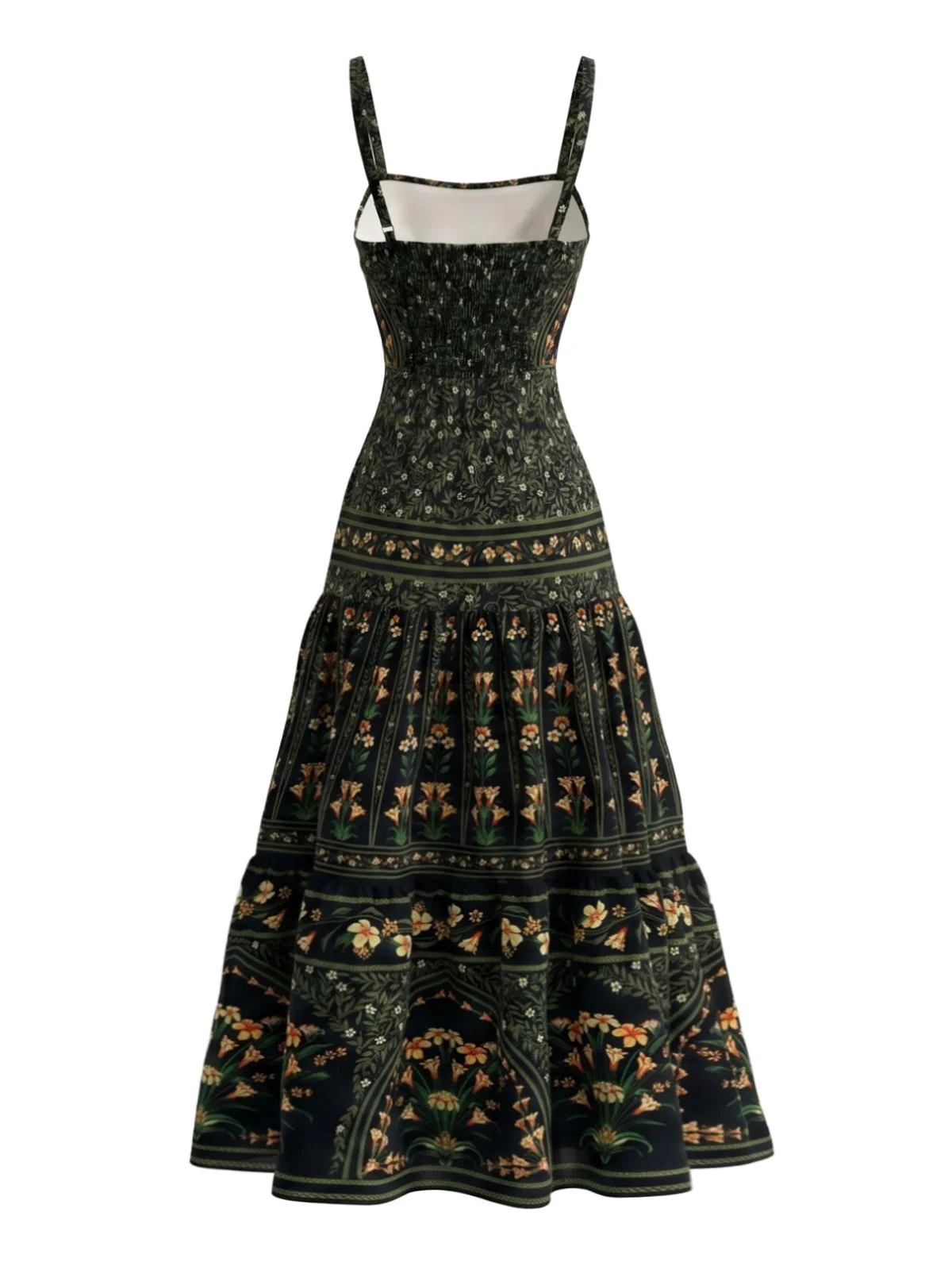 Robe longue plusieurs niveaux bretelles spaghetti et fleurs vert foncé années 1970 - Image 3