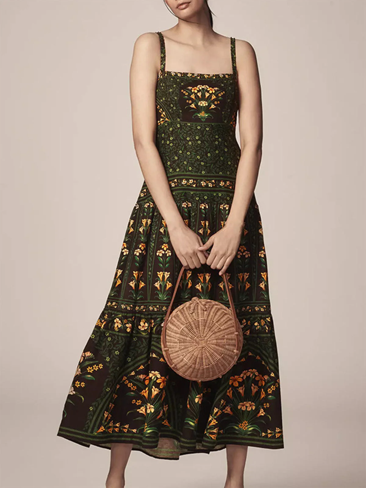 Robe longue plusieurs niveaux bretelles spaghetti et fleurs vert foncé années 1970 - Image 4