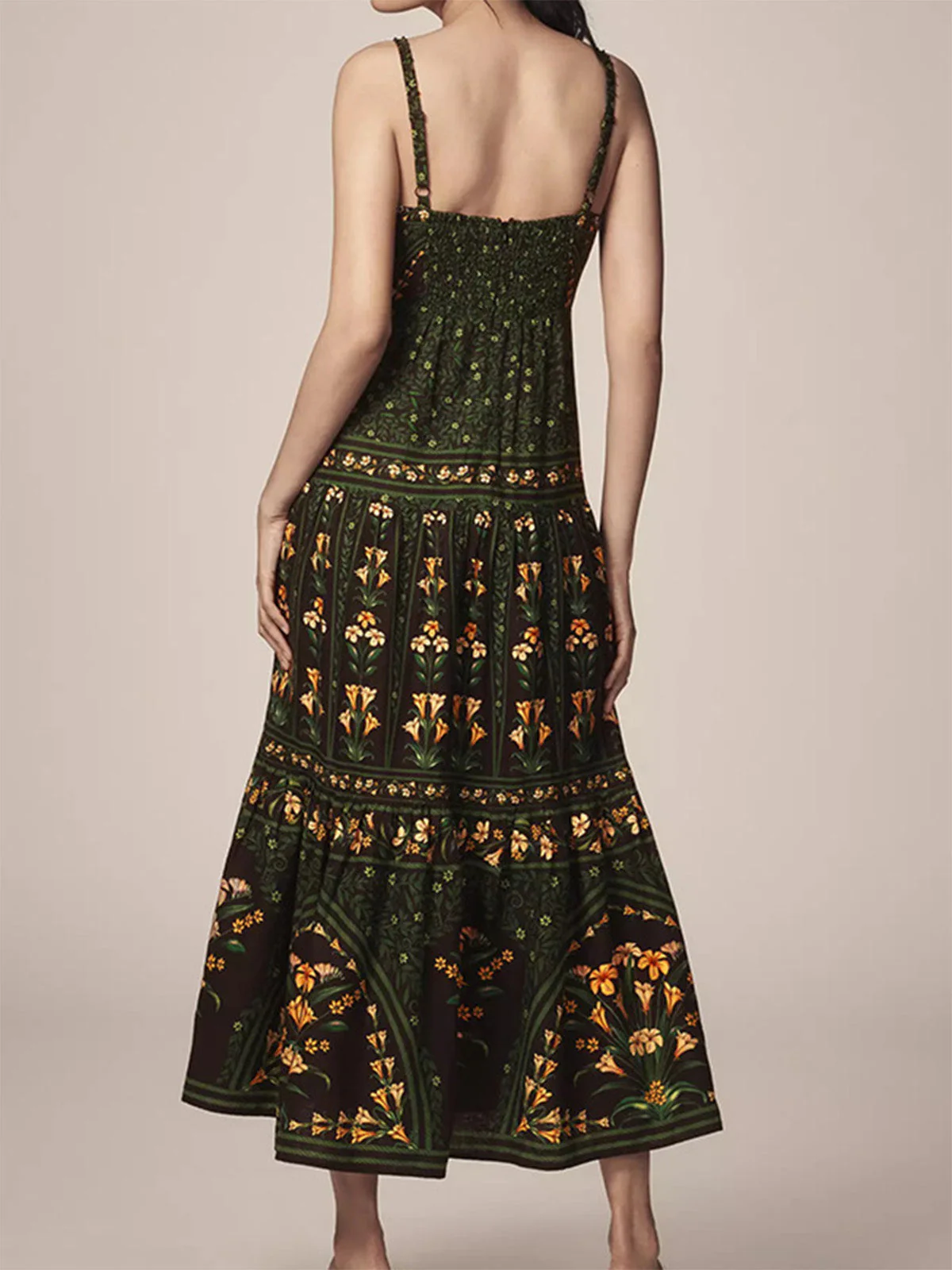Robe longue plusieurs niveaux bretelles spaghetti et fleurs vert foncé années 1970 - Image 5