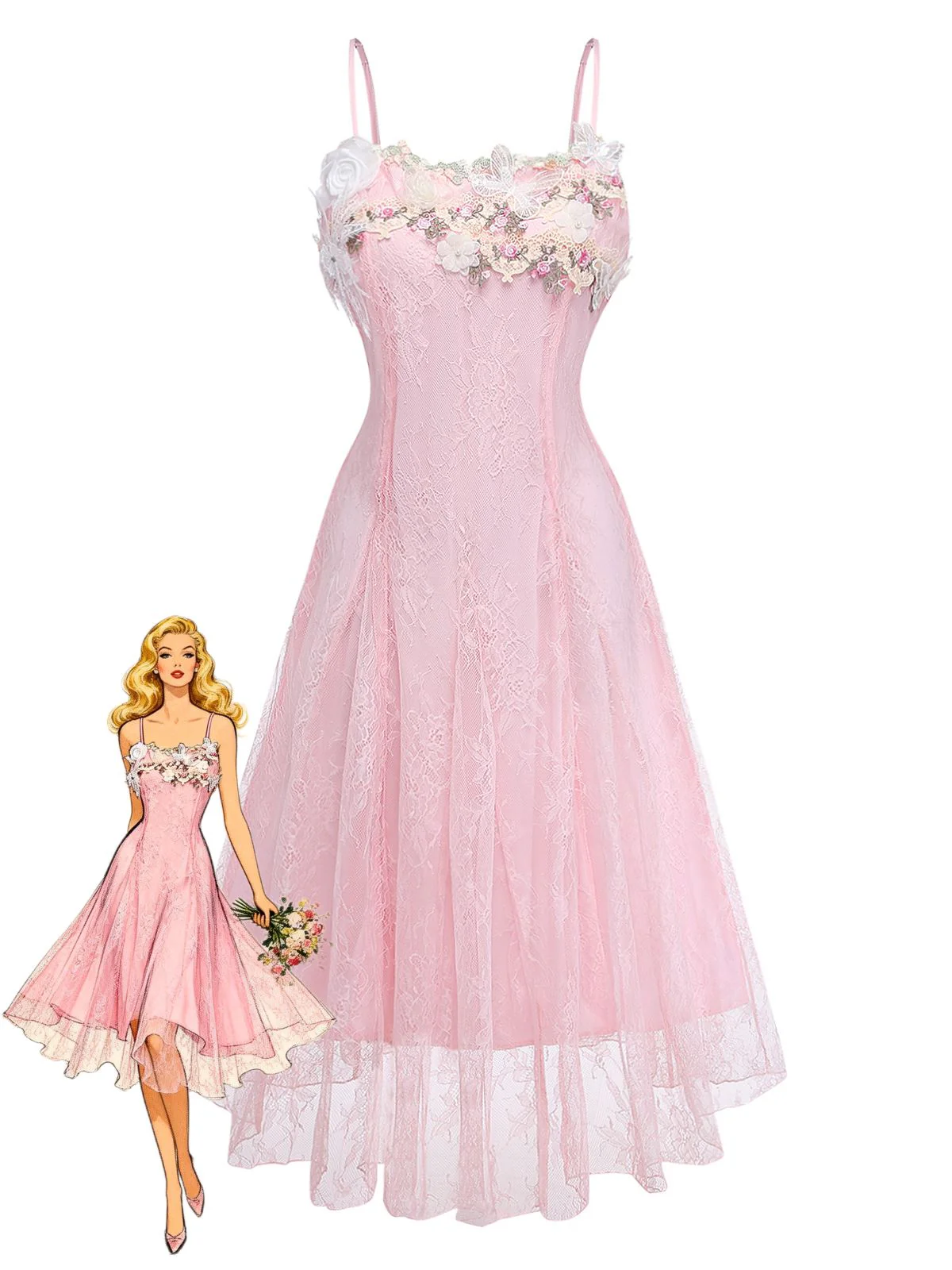 Robe longue rose à fines bretelles dentelle florale années 1940