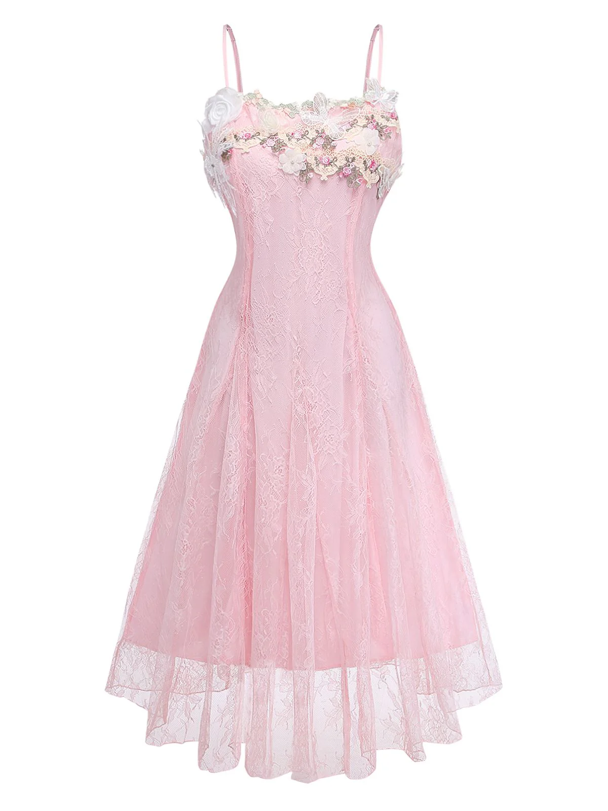 Robe longue rose à fines bretelles dentelle florale années 1940 - Image 2