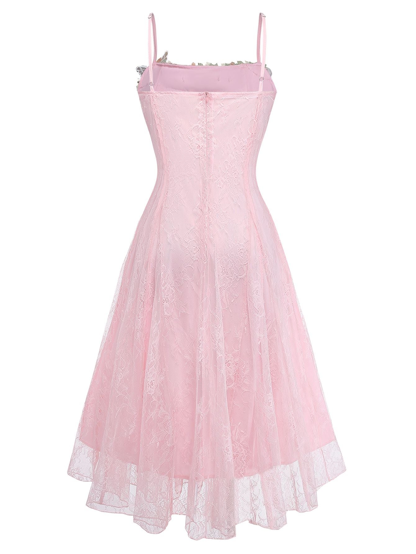 Robe longue rose à fines bretelles dentelle florale années 1940 - Image 3