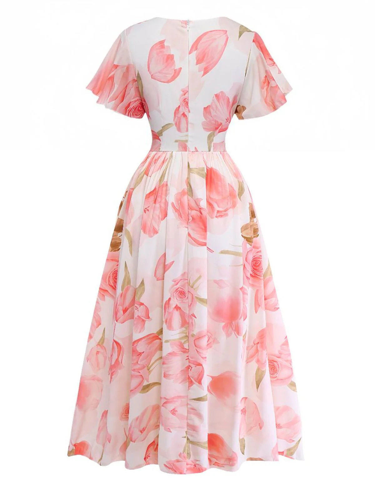 Robe longue rose à imprimé floral col en V et manches bouffantes années 1950 - Image 2