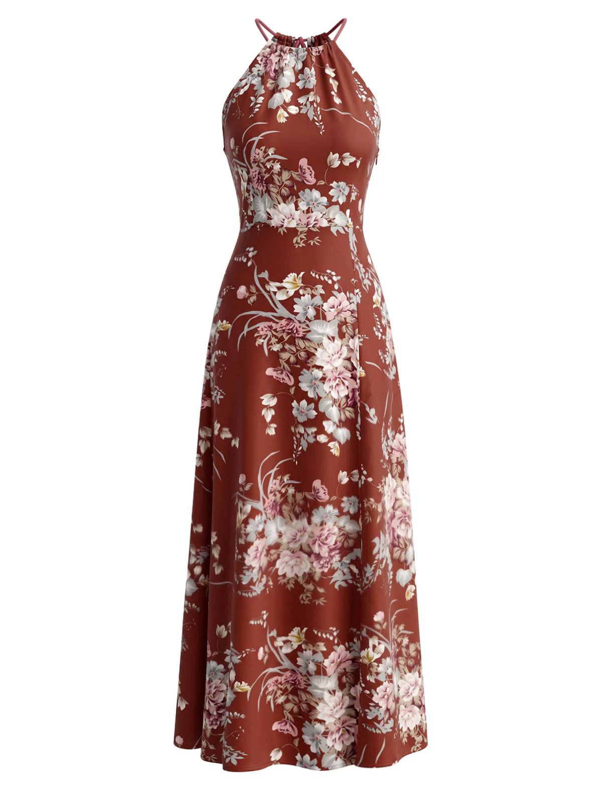 Robe longue rouge bohème imprimé floral dos nu et fendue années 70 - Image 2