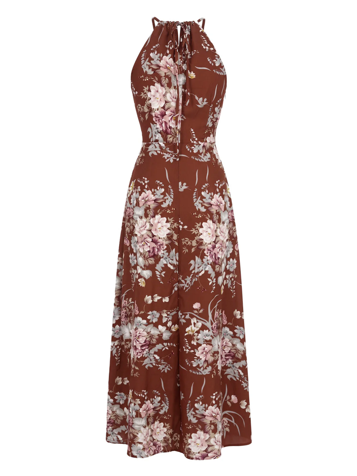 Robe longue rouge bohème imprimé floral dos nu et fendue années 70 - Image 3