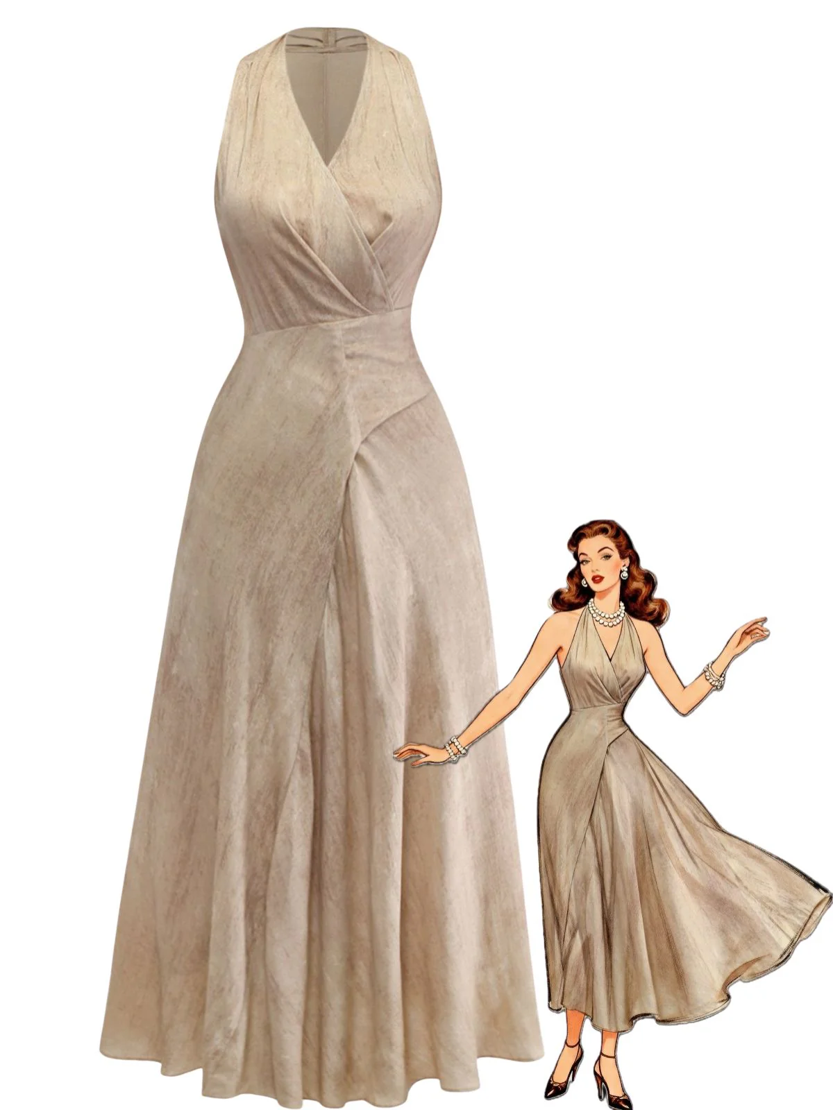 Robe longue sans manches col V lin abricot ceinture années 1940