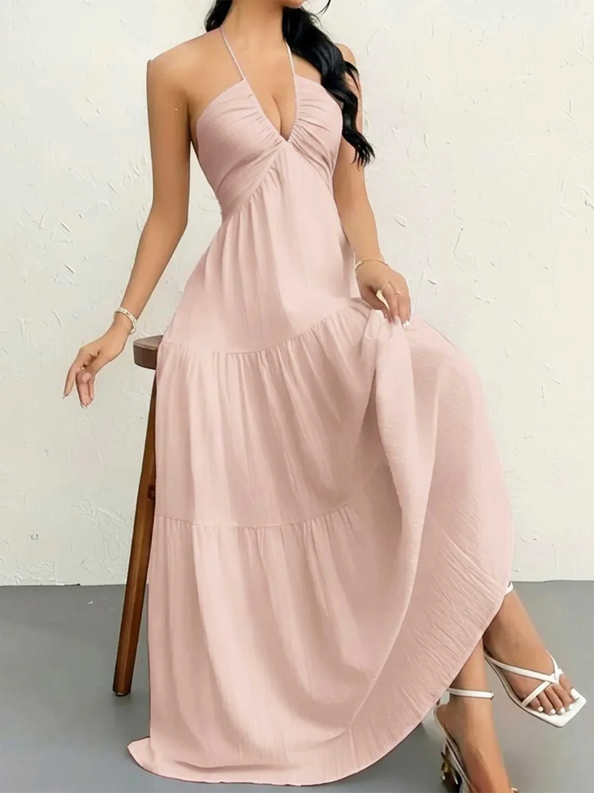 Robe longue unie dos nu décolleté V et encolure américaine années 30 - Image 7
