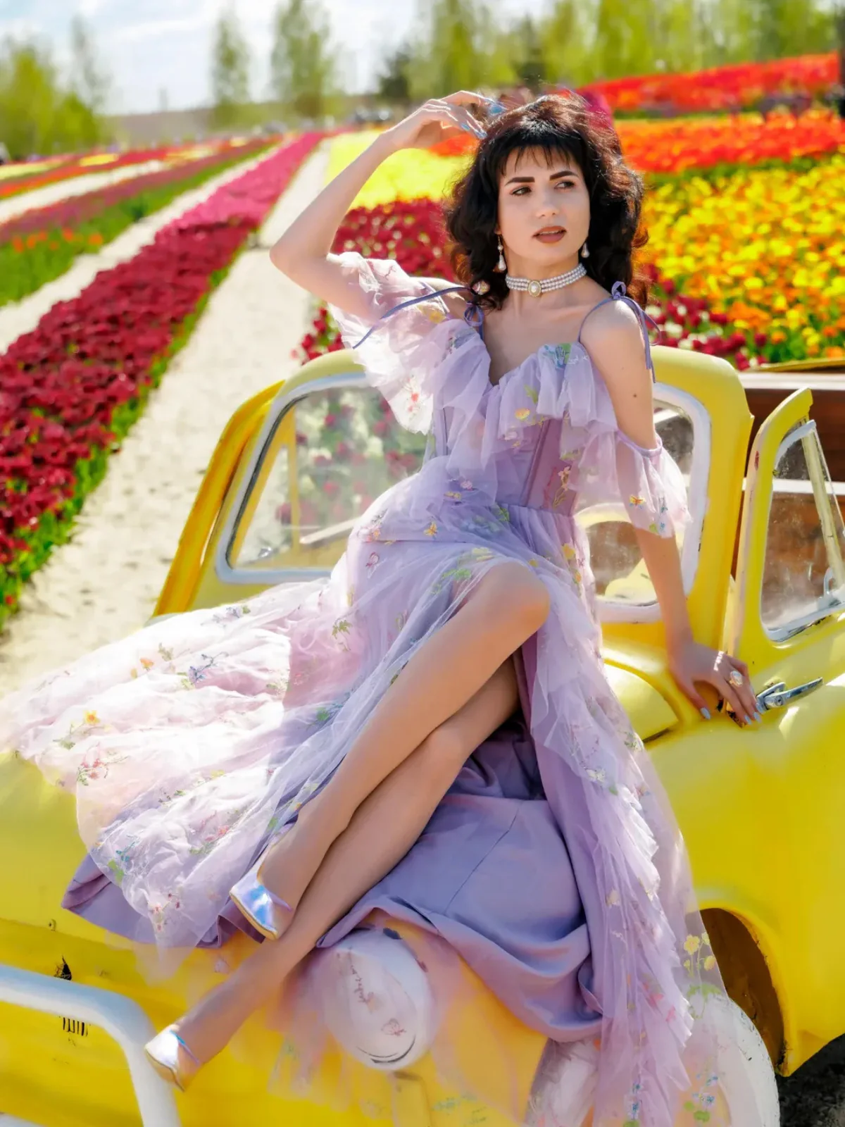 Robe longue violette fendue tulle fleurs 1970s - Image 2