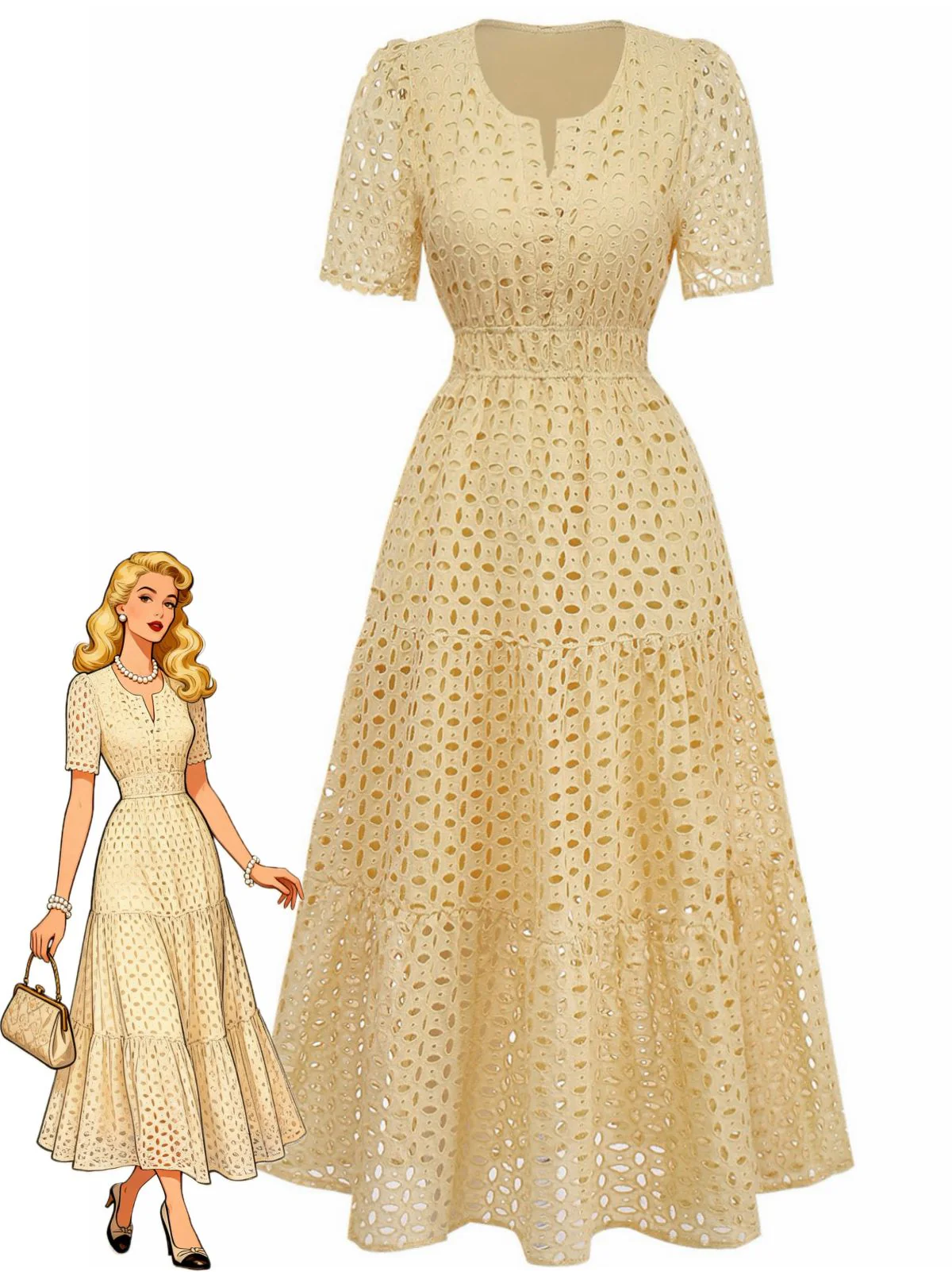 Robe longue volants col V dentelle ajourée années 1940