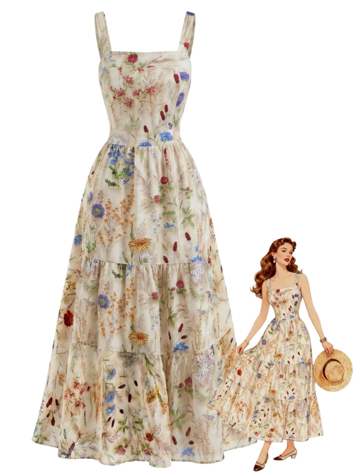 Robe longue volants encolure carrée et fines bretelles motif floral années 40