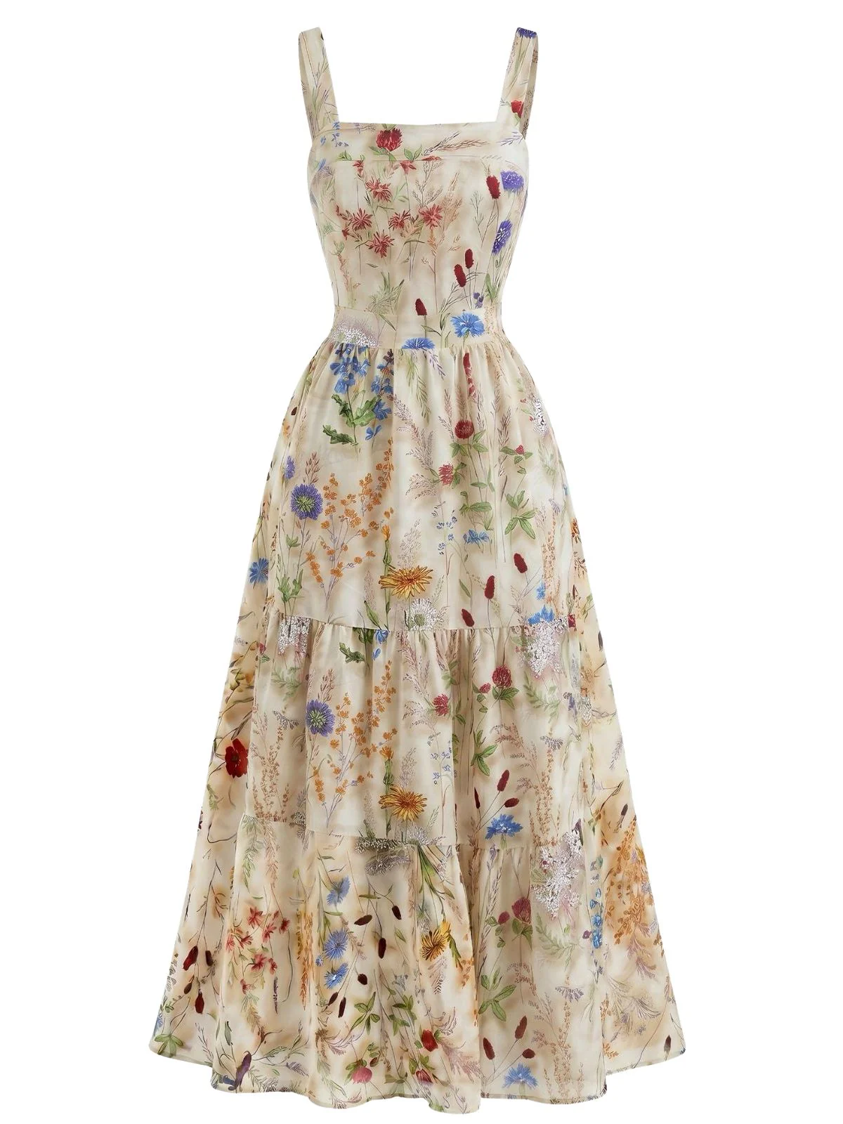 Robe longue volants encolure carrée et fines bretelles motif floral années 40 - Image 2