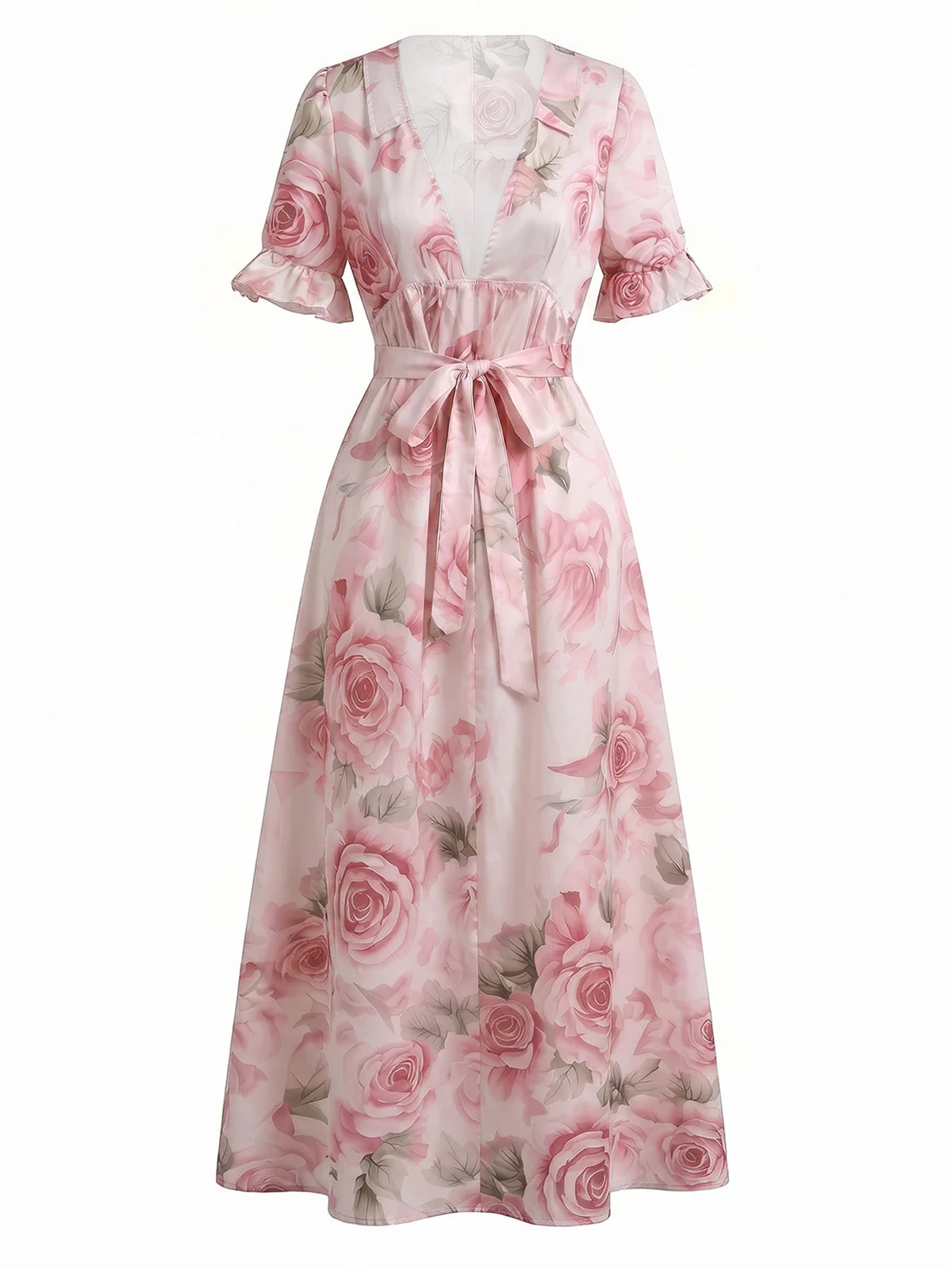 Robe Manche Volant Col V Profond Rose Années 1930 - Image 2