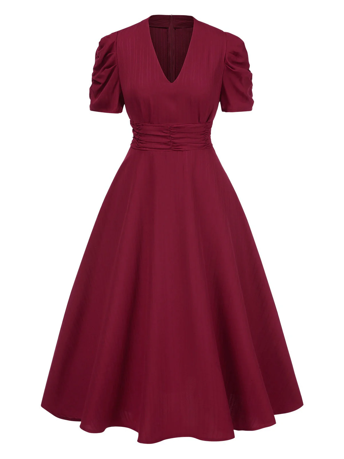 Robe manches bouffantes à col en V unie années 1950