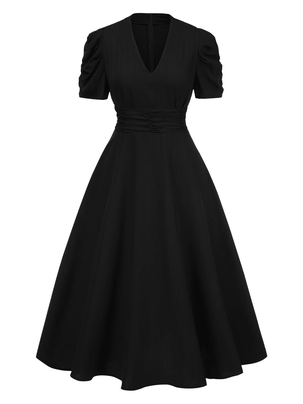 Robe manches bouffantes à col en V unie années 1950 - Image 4
