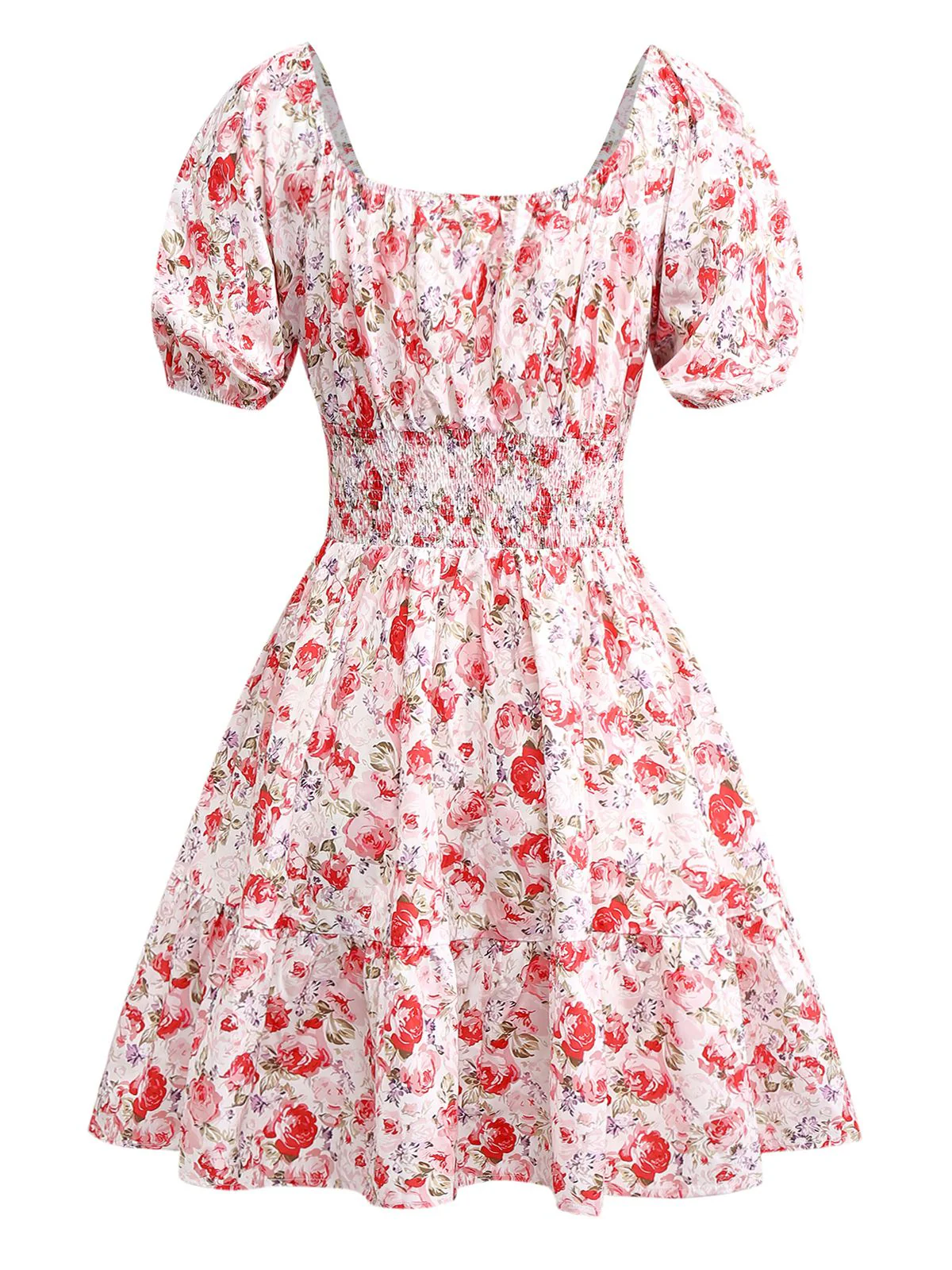 Robe manches bouffantes imprimé fleurs roses taille smockée des années 1950 - Image 2