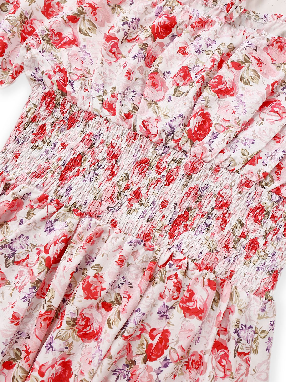 Robe manches bouffantes imprimé fleurs roses taille smockée des années 1950 - Image 4