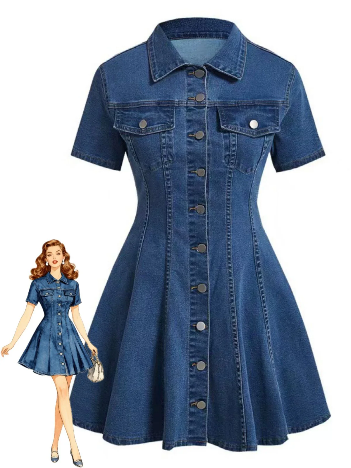 Robe Manches Courtes Boutonné Denim Bleu Années 1950