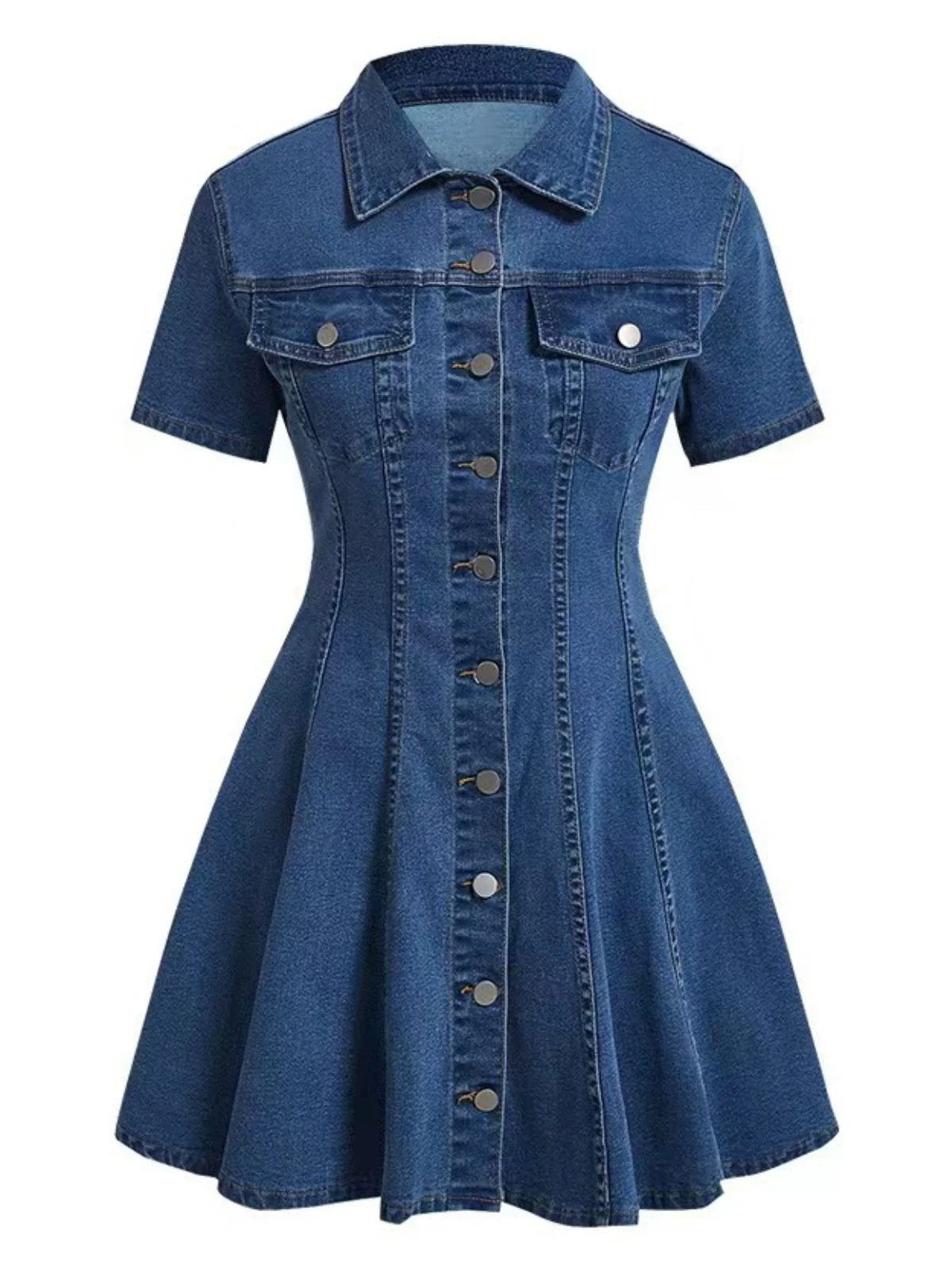 Robe Manches Courtes Boutonné Denim Bleu Années 1950 - Image 2