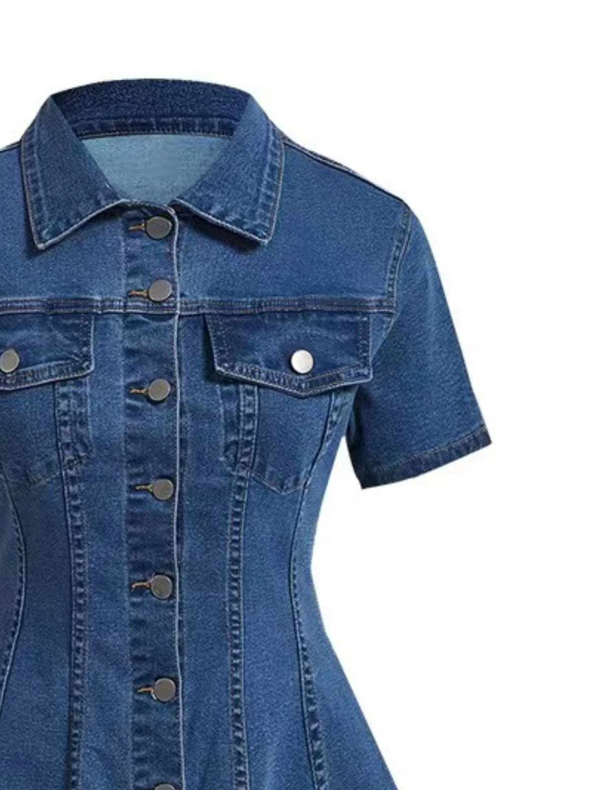 Robe Manches Courtes Boutonné Denim Bleu Années 1950 - Image 4