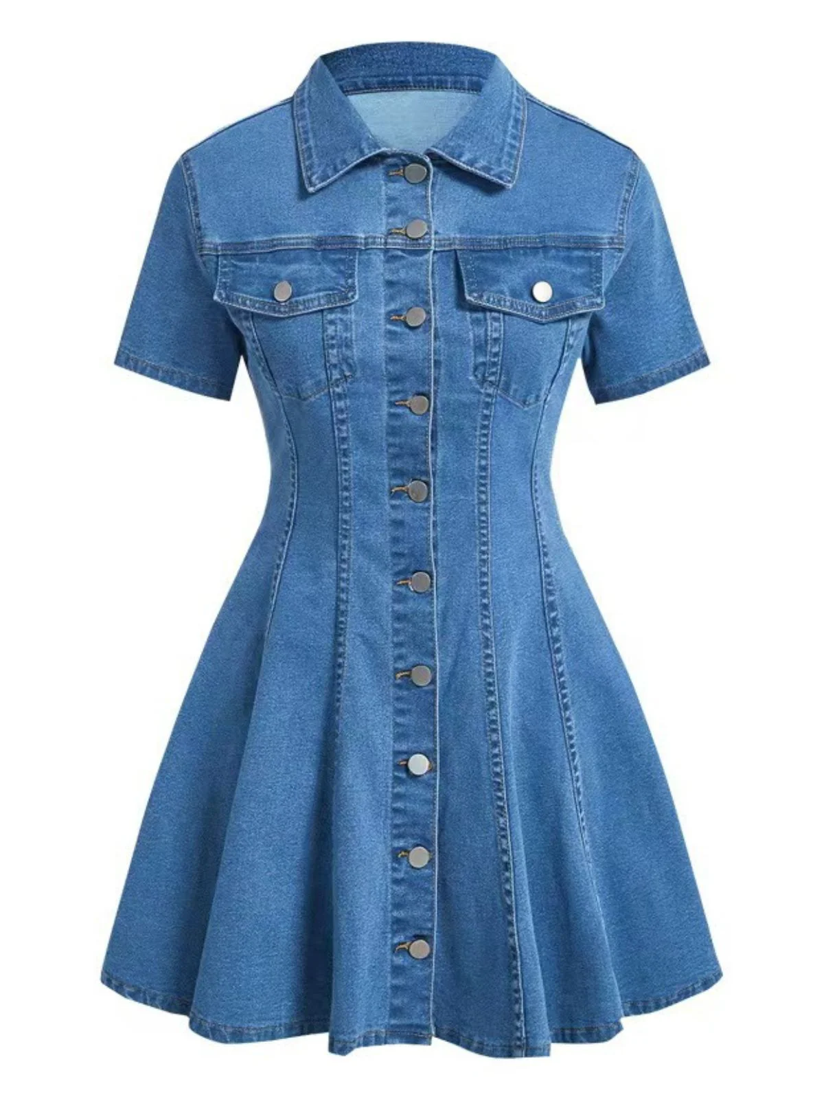 Robe Manches Courtes Boutonné Denim Bleu Années 1950 - Image 6
