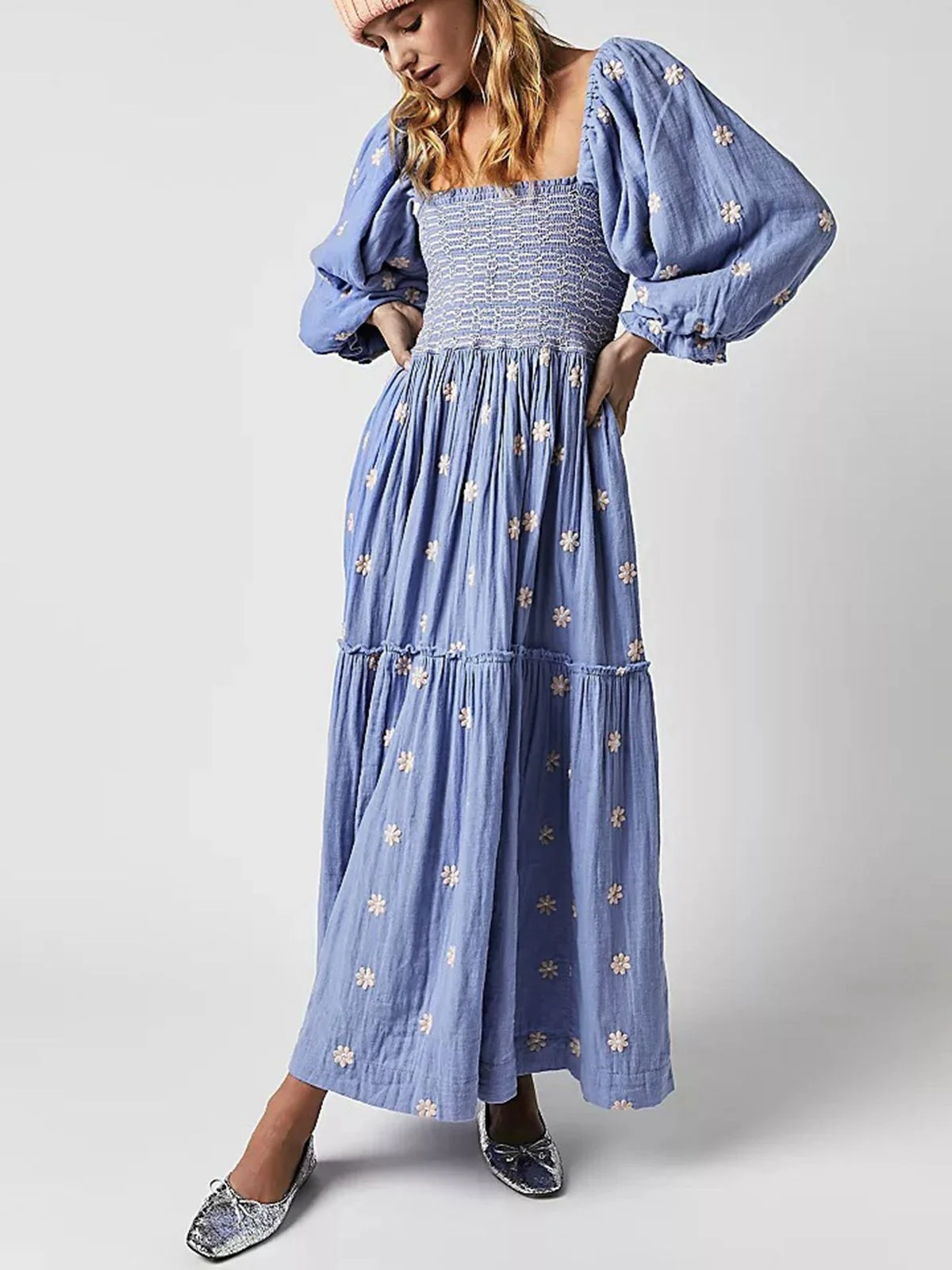 Robe manches lanterne brodées de fleurs des années 1940 - Image 7