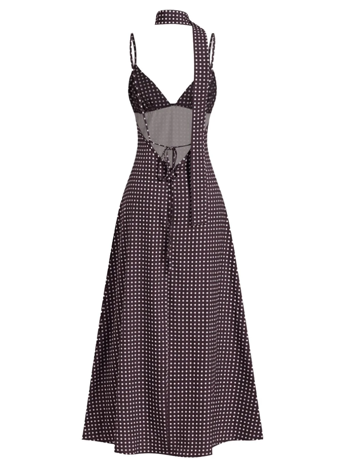 Robe marron à pois col en V et bretelles spaghetti années 1980 - Image 3