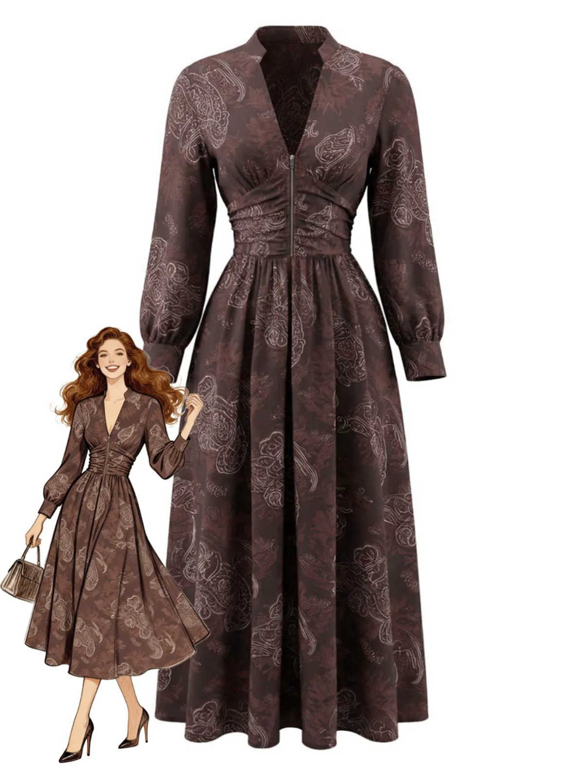 Robe Marron Boho Paisley Col V Montant Smocké Années 1970