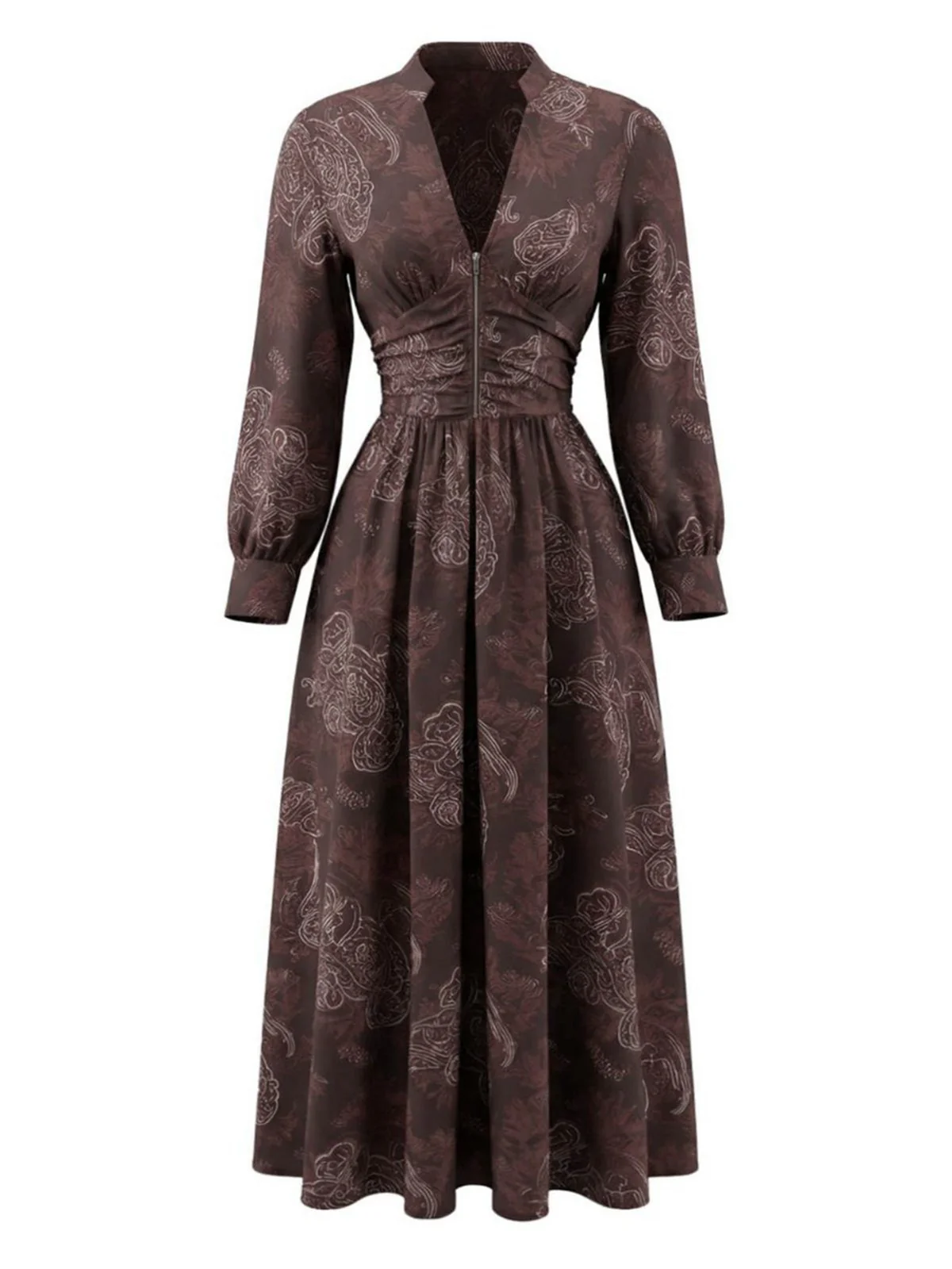 Robe Marron Boho Paisley Col V Montant Smocké Années 1970 - Image 2