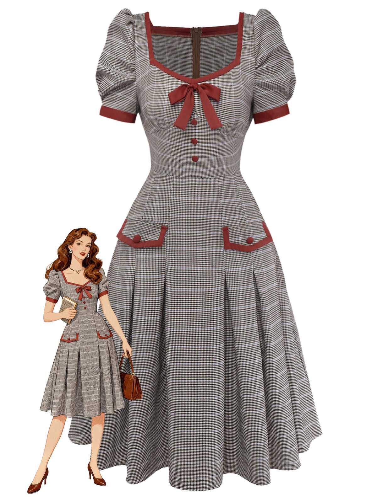 Robe marron nœud et motif pied-de-poule années 1950 - Image 5